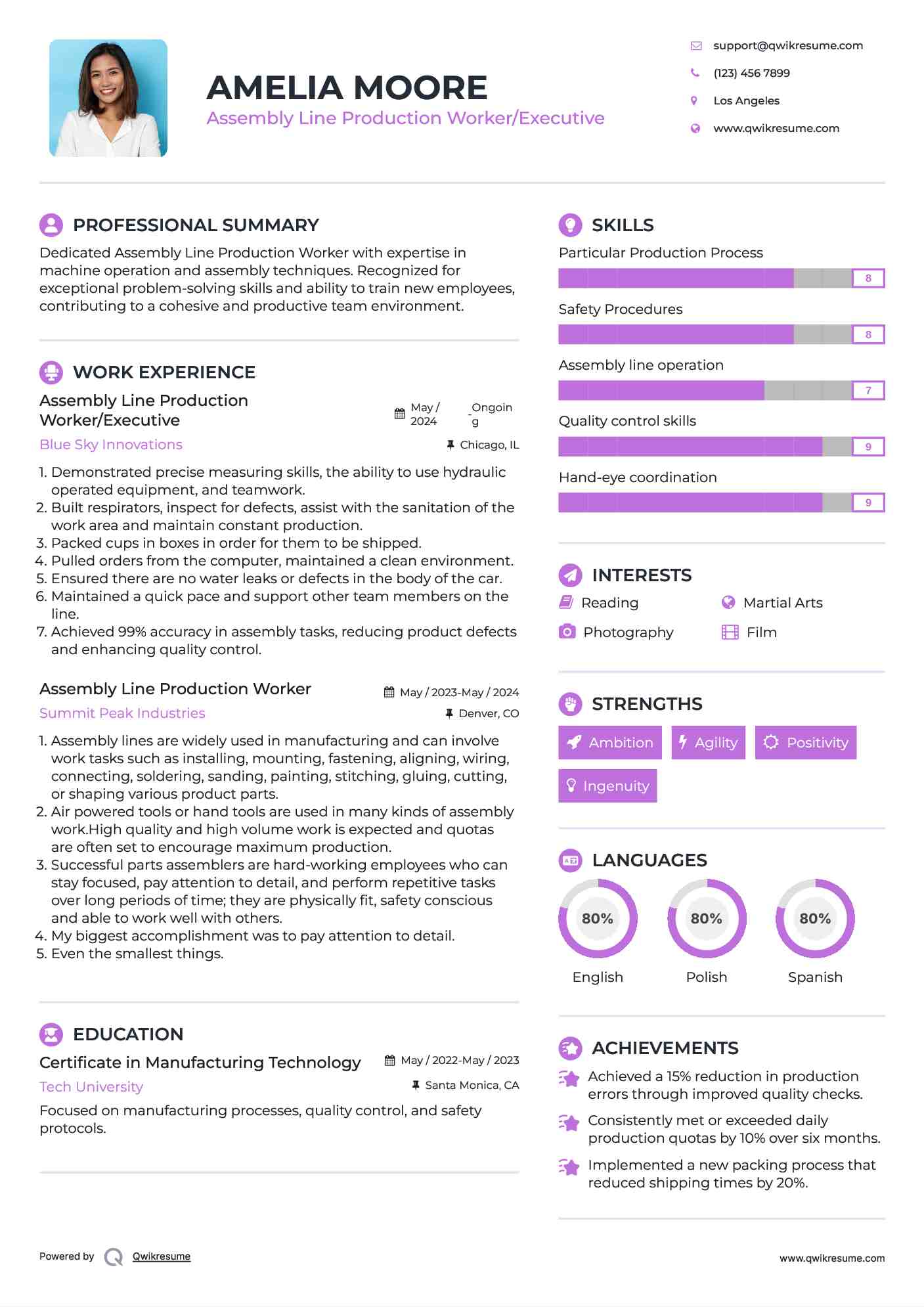 Assembly Line Production Worker/Executive Resume Example