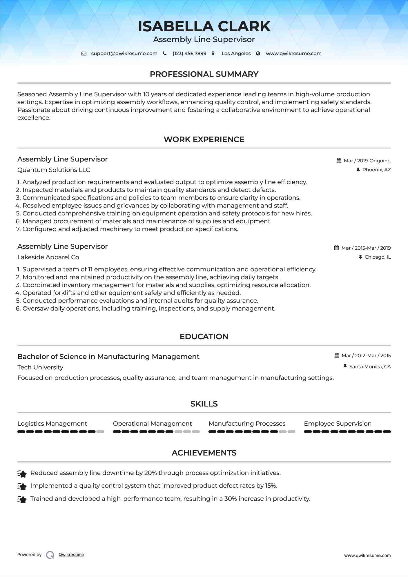 Assembly Line Supervisor Resume Format