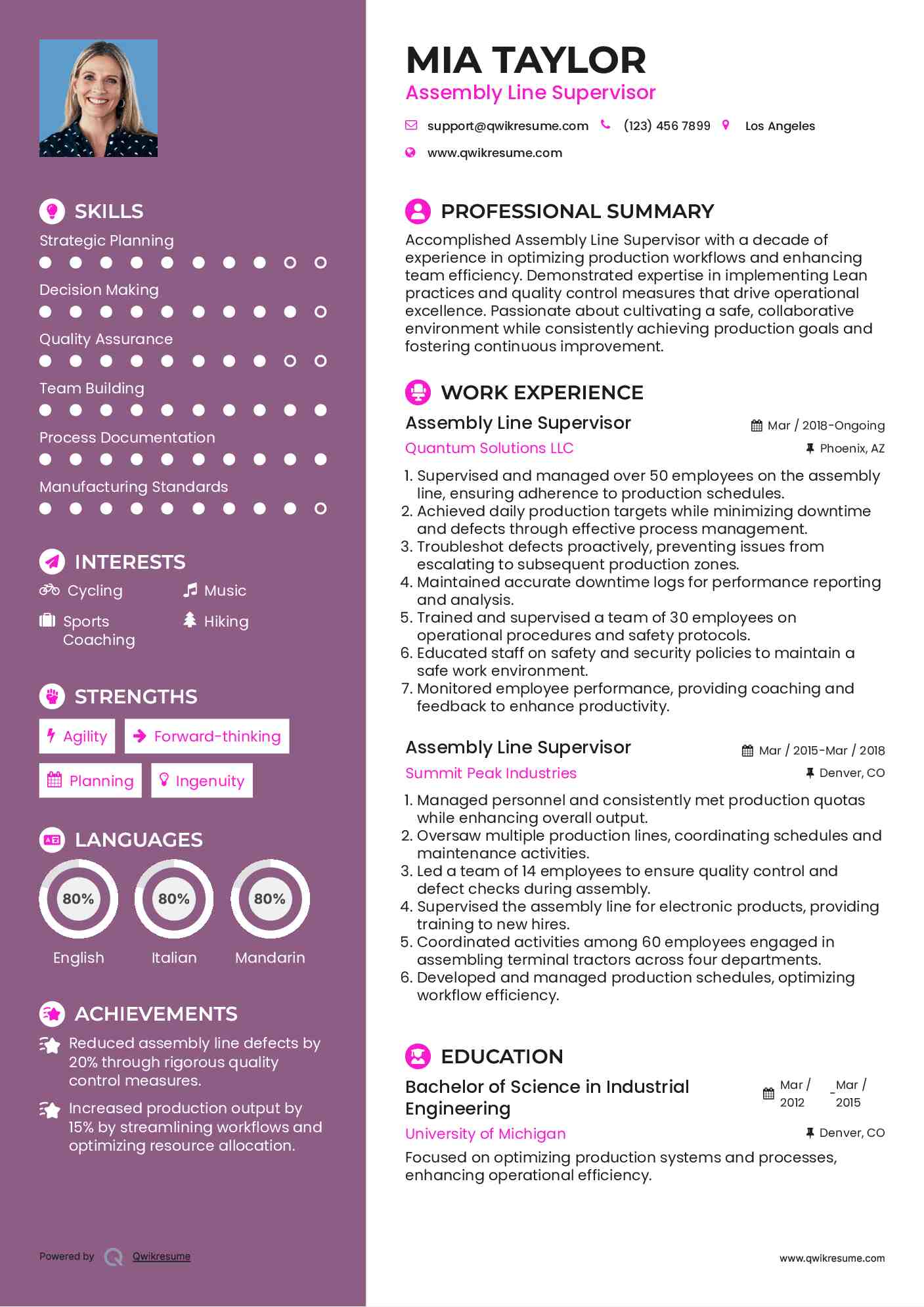 Assembly Line Supervisor Resume Template