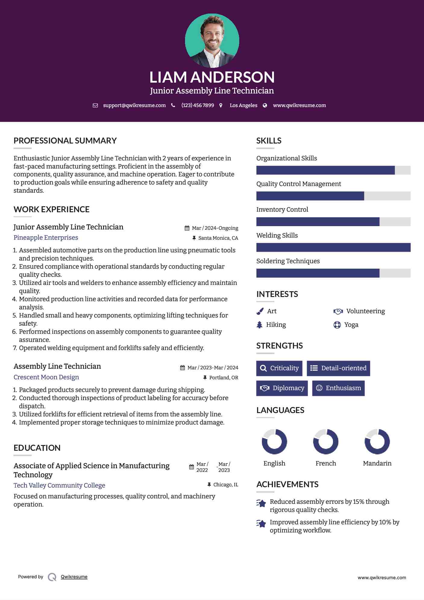Junior Assembly Line Technician Resume Model