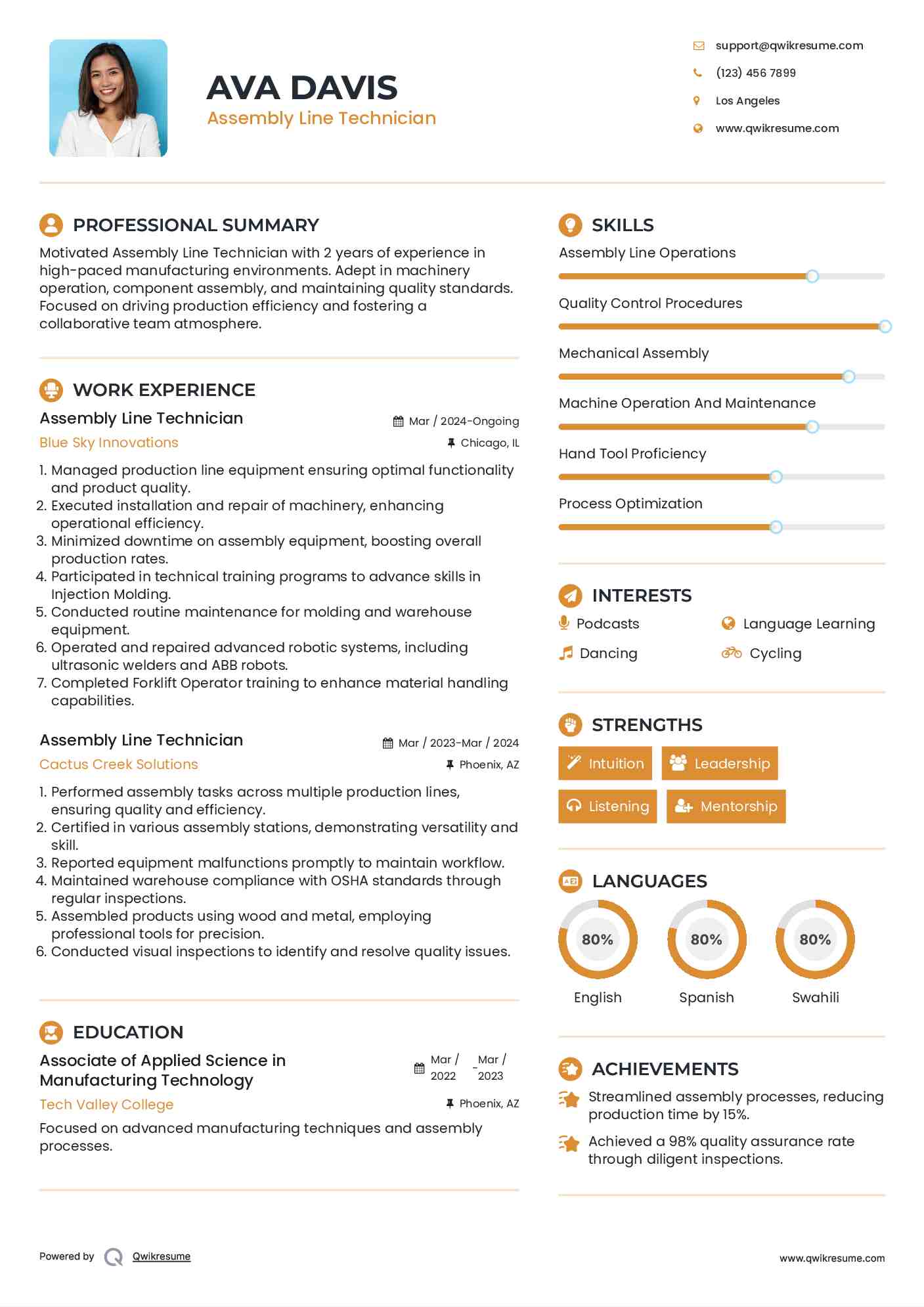 Assembly Line Technician Resume Example