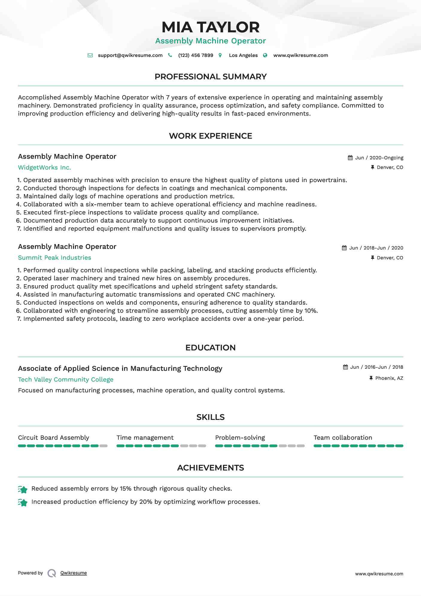 Assembly Machine Operator Resume Format