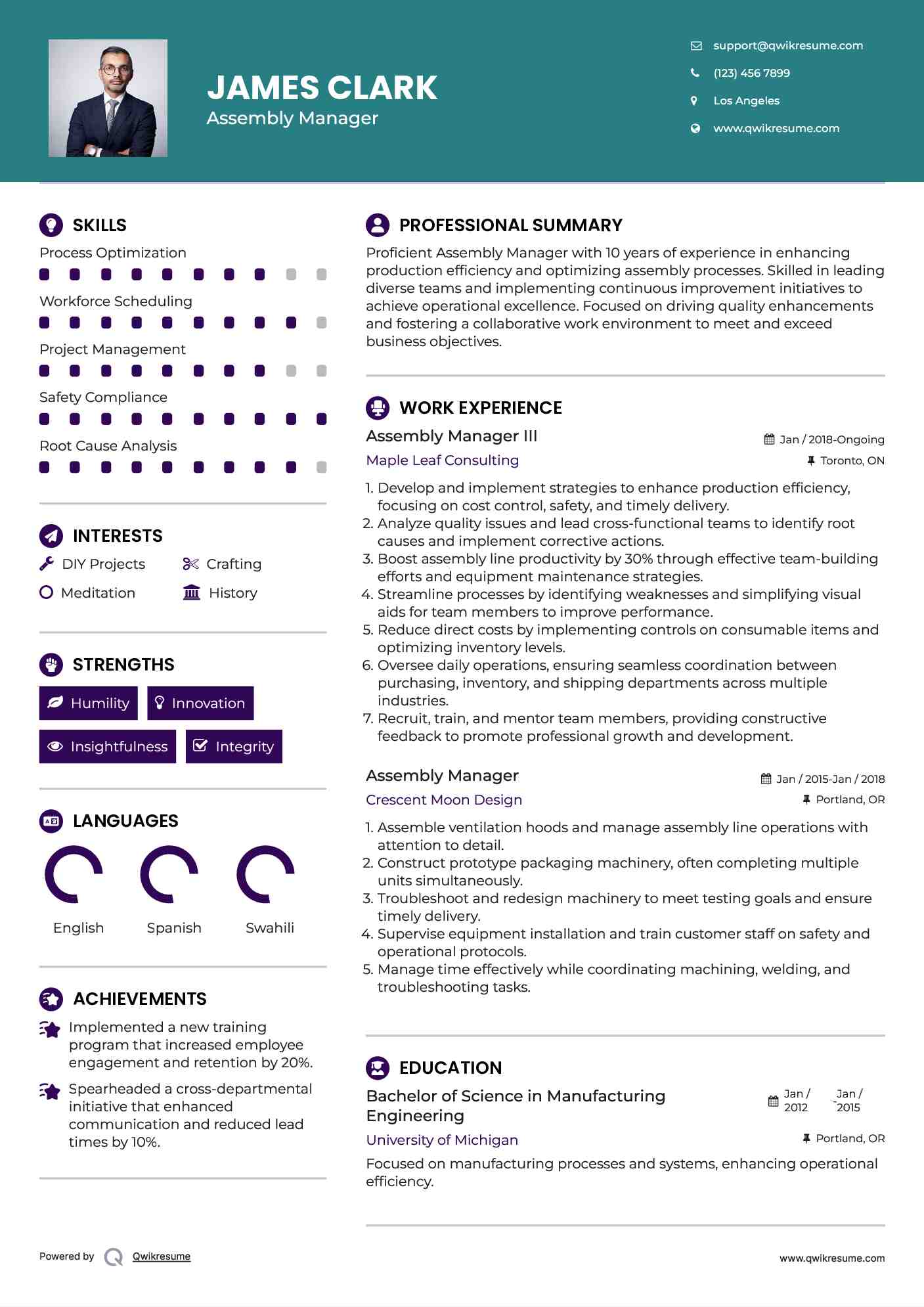 Assembly Manager III Resume Example
