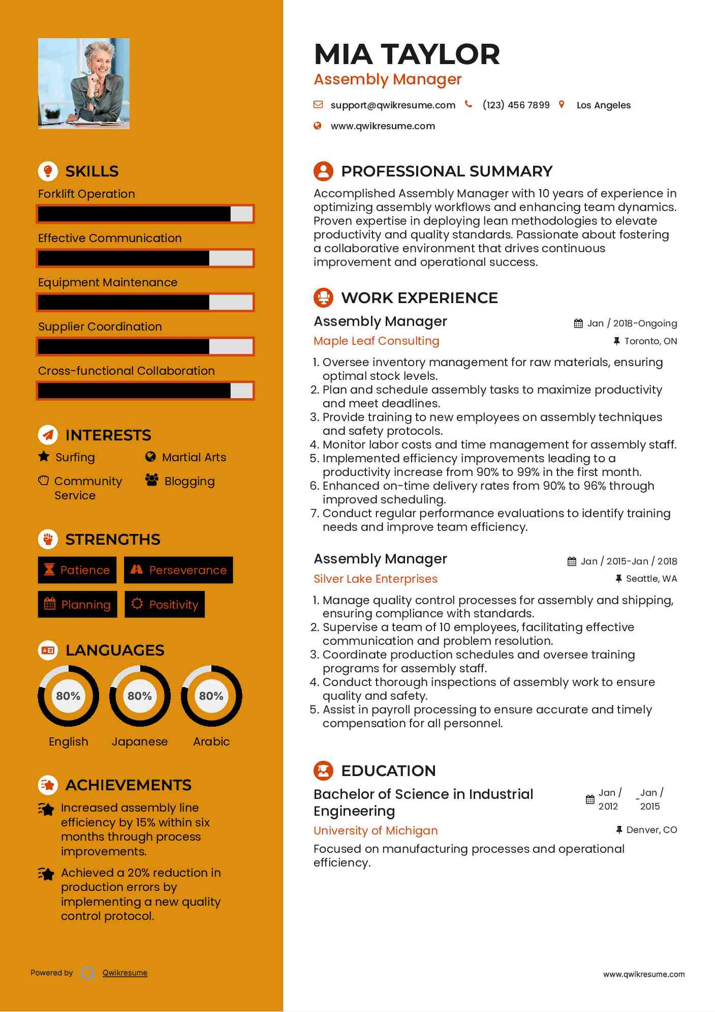 Assembly Manager Resume Samples QwikResume
