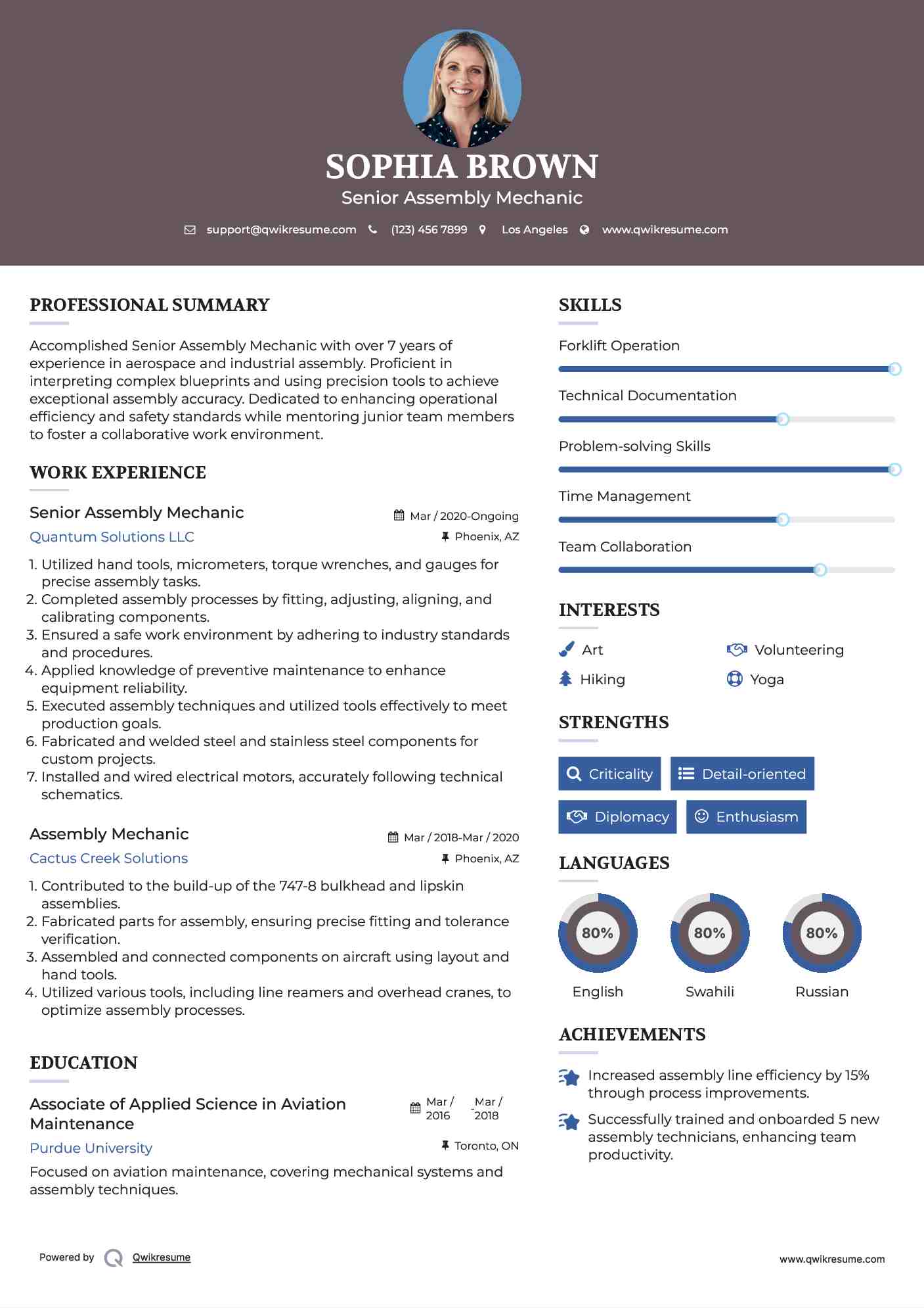 Senior Assembly Mechanic Resume Sample