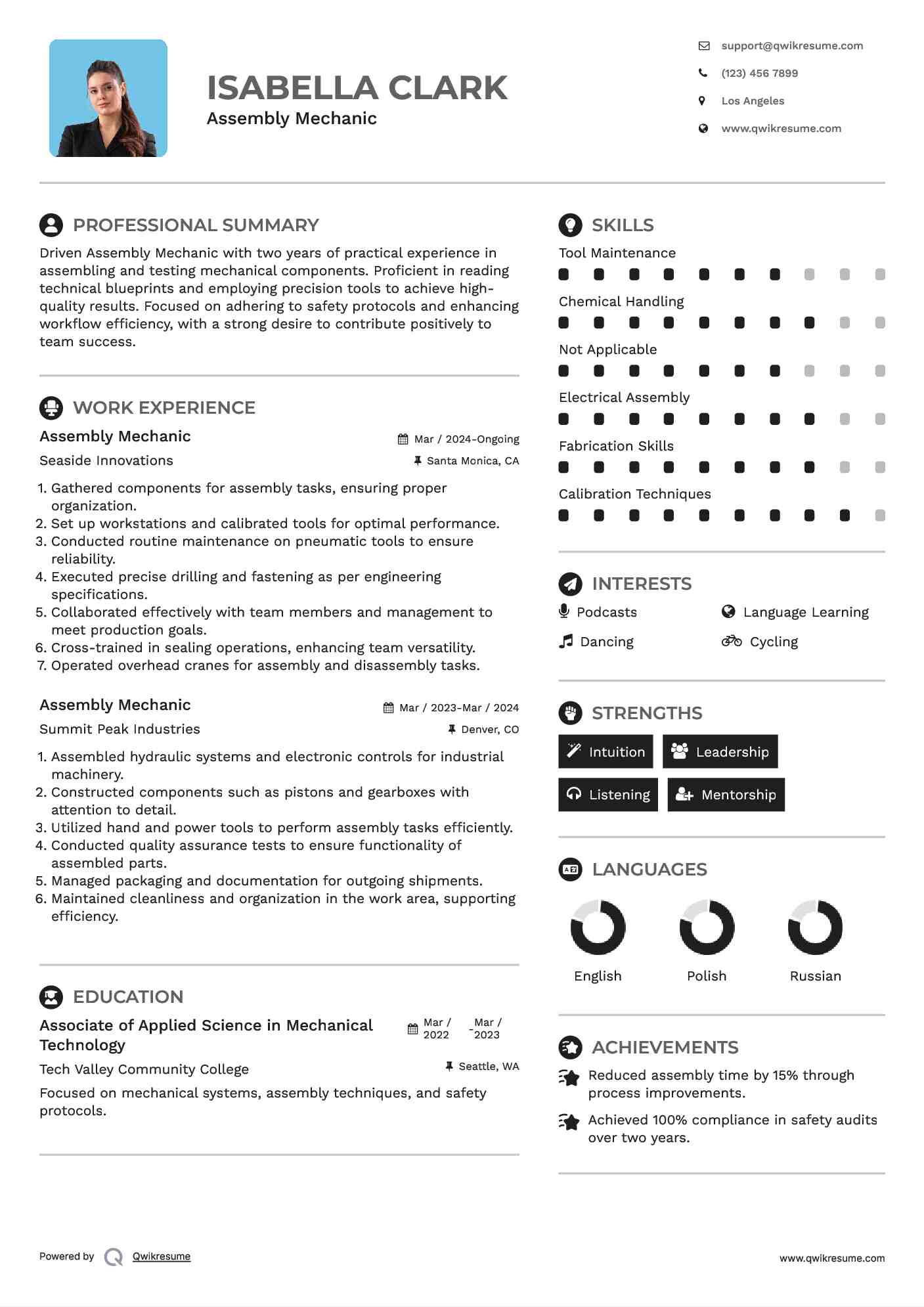 Assembly Mechanic Resume Example