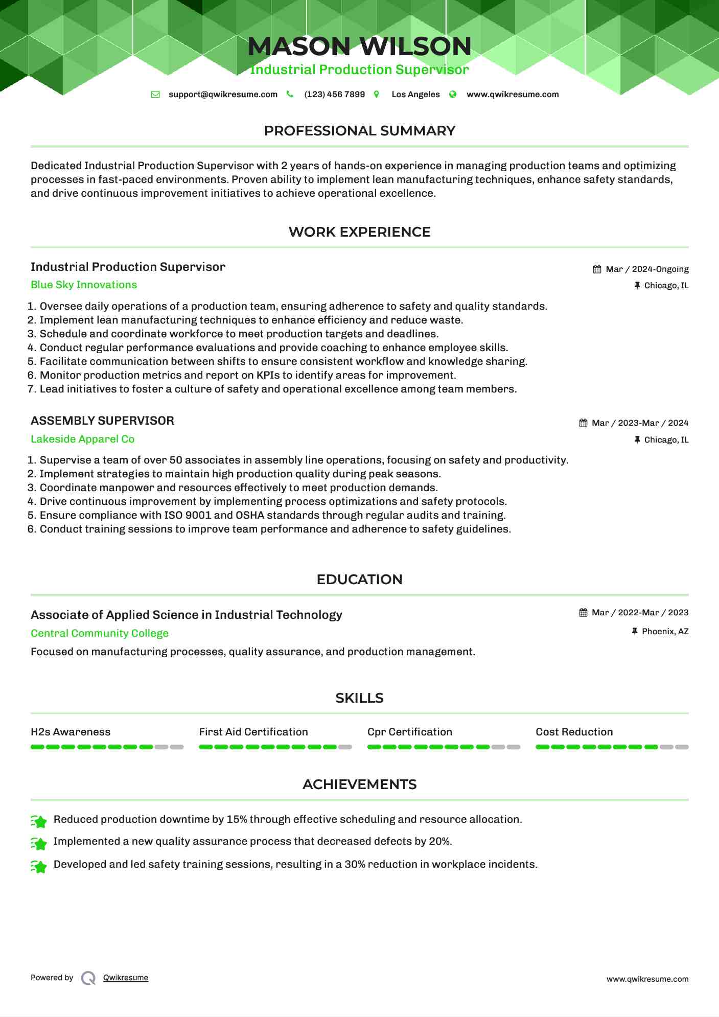 Industrial Production Supervisor Resume Template