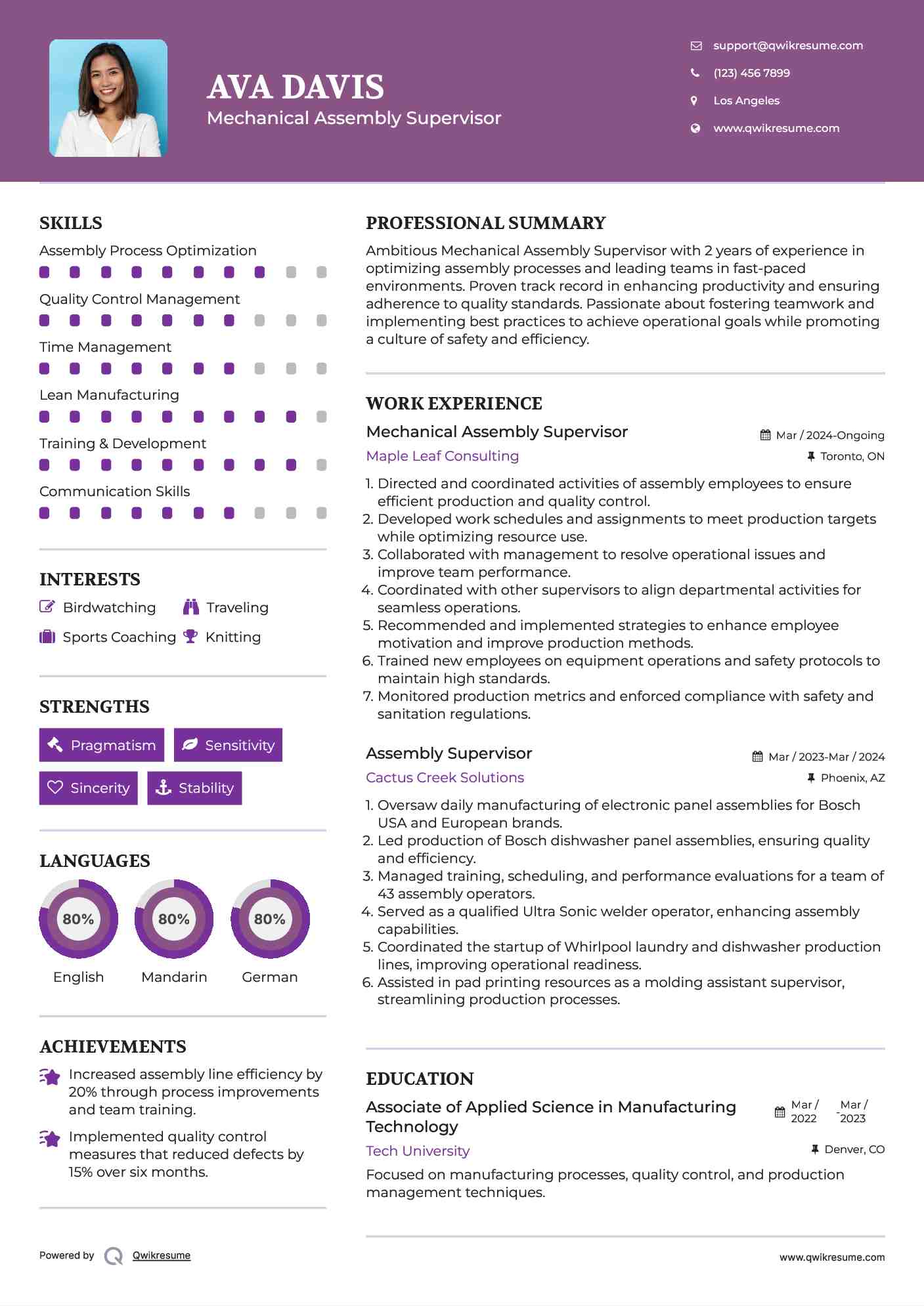 Assembly Supervisor Resume Samples QwikResume