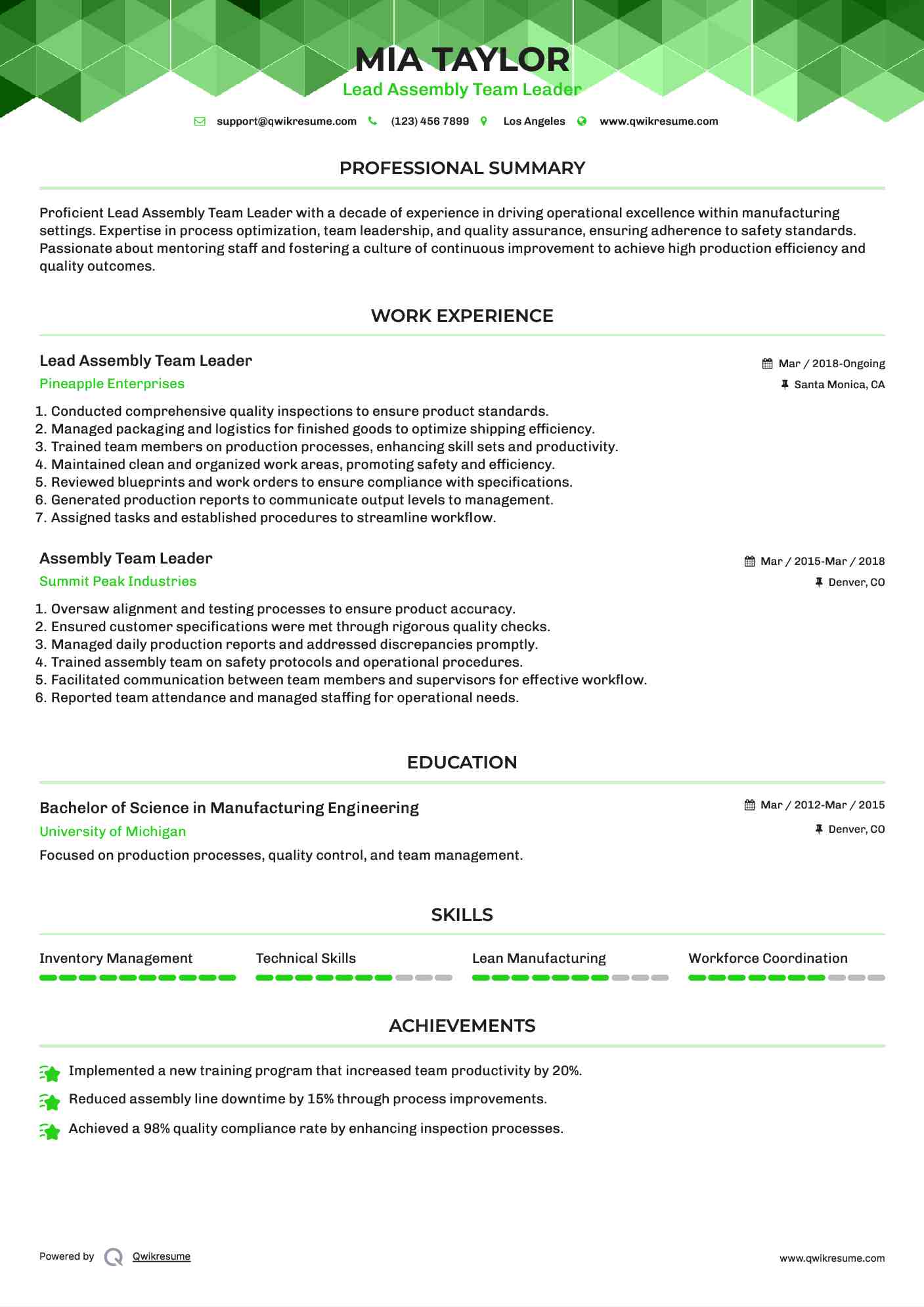 Lead Assembly Team Leader Resume Model