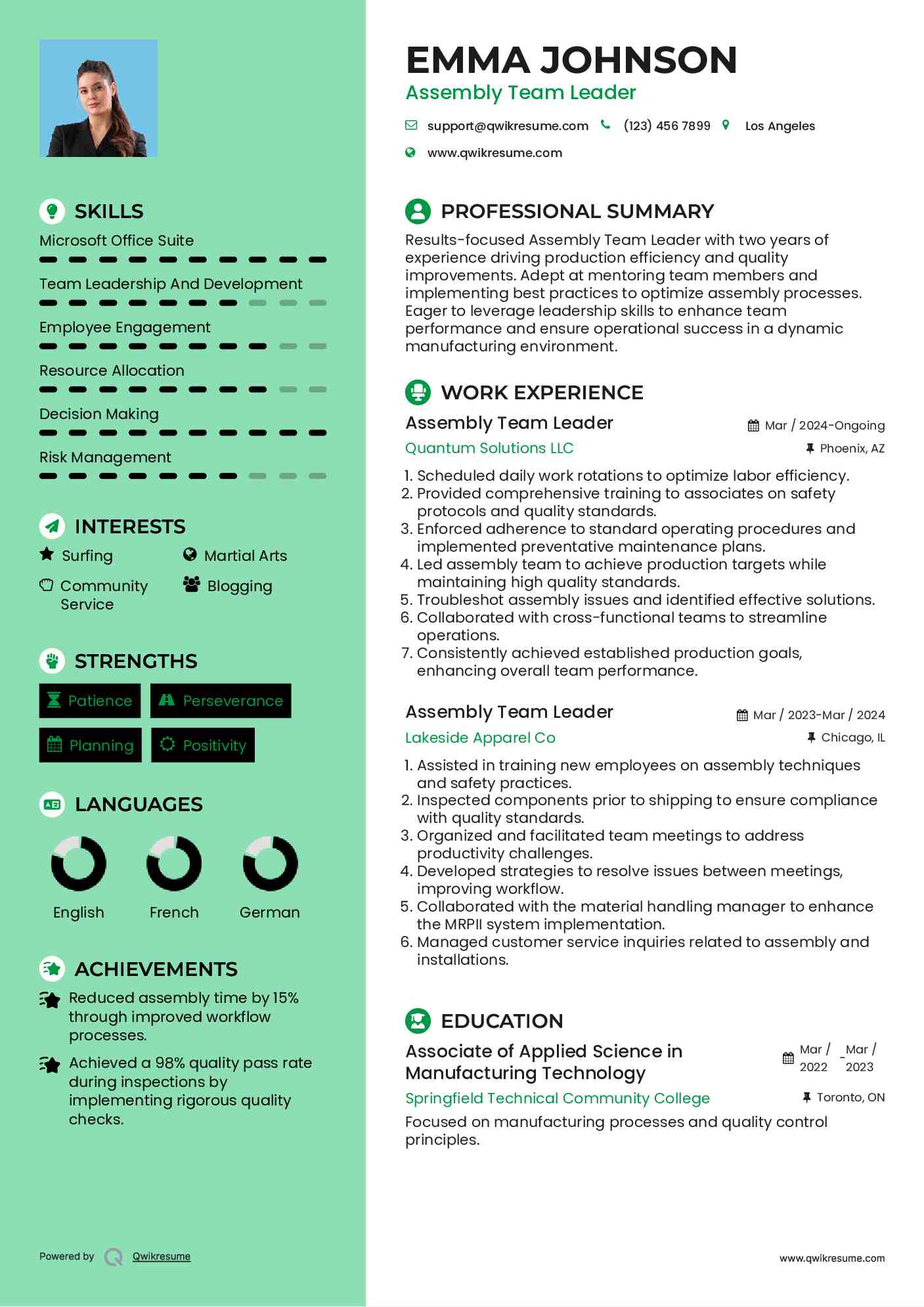 Assembly Team Leader Resume Model