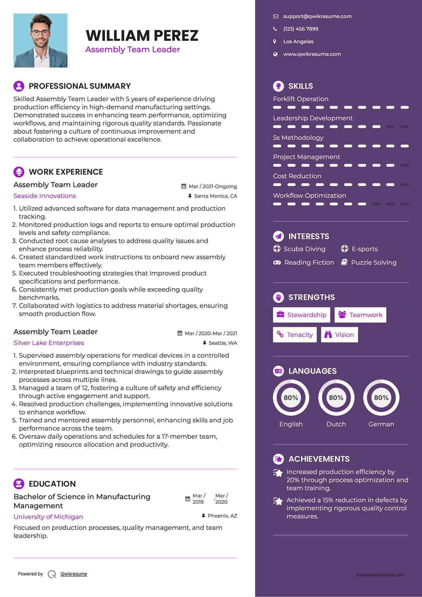 Assembly Team Leader Resume Example