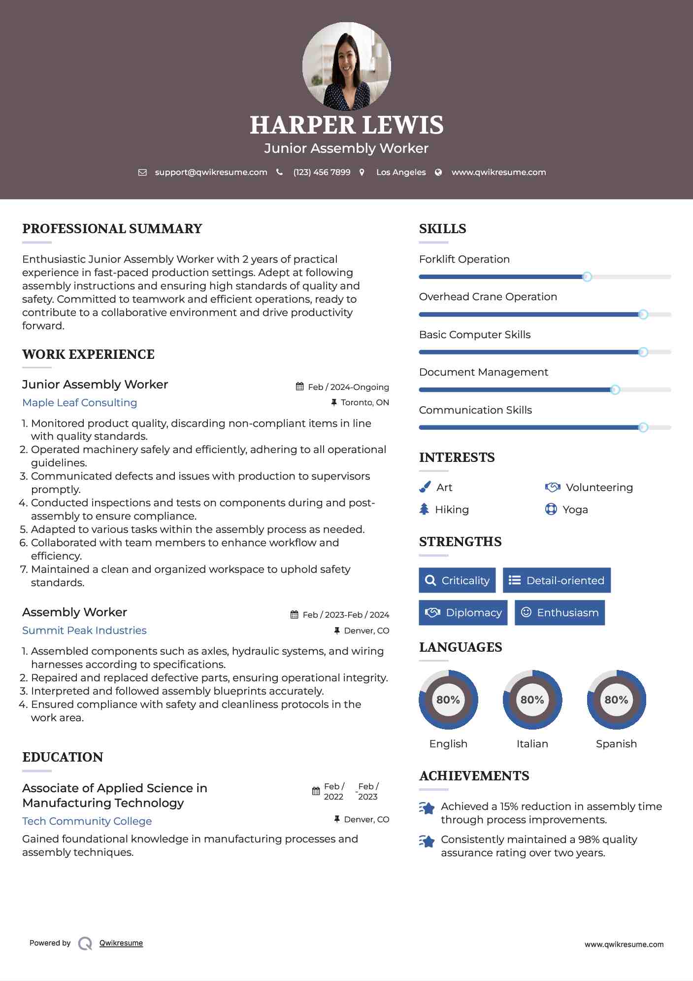 Junior Assembly Worker Resume Example