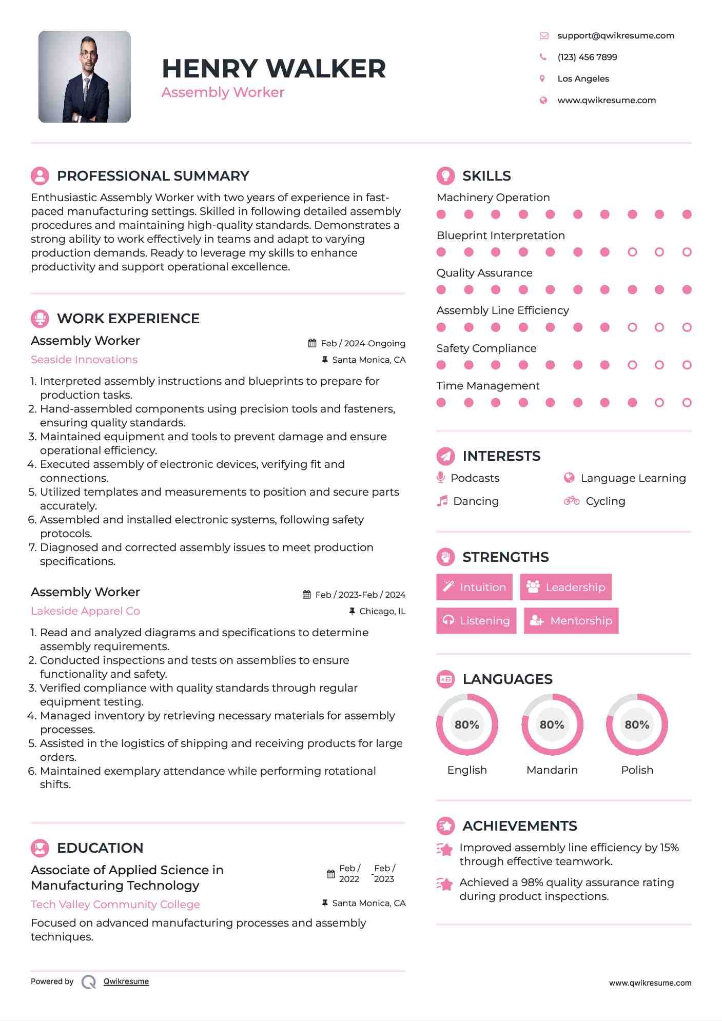 Assembly Worker Resume Sample