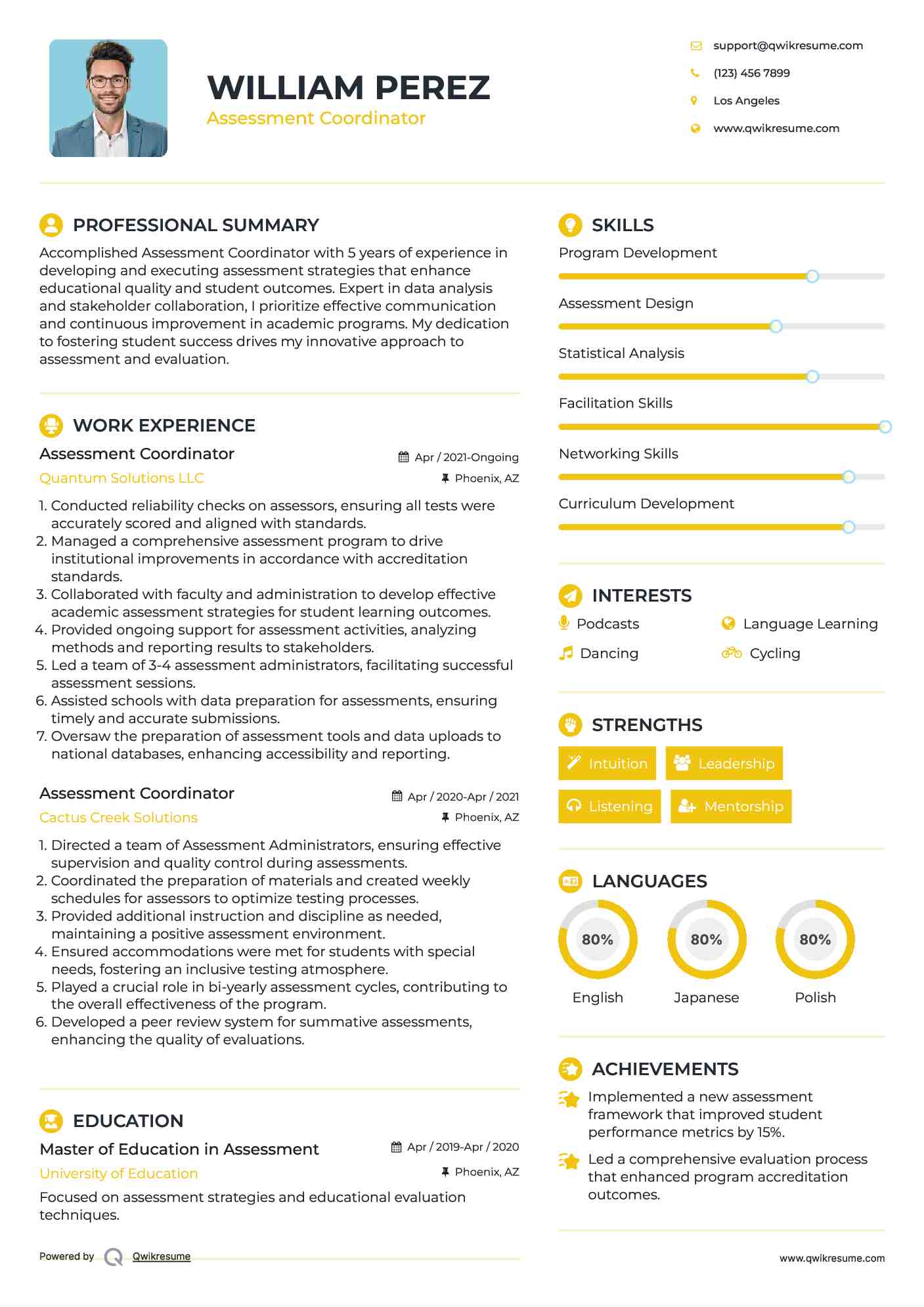 Assessment Coordinator Resume Sample