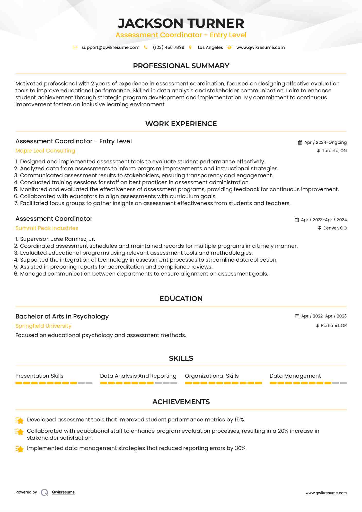 Assessment Coordinator - Entry Level Resume Sample
