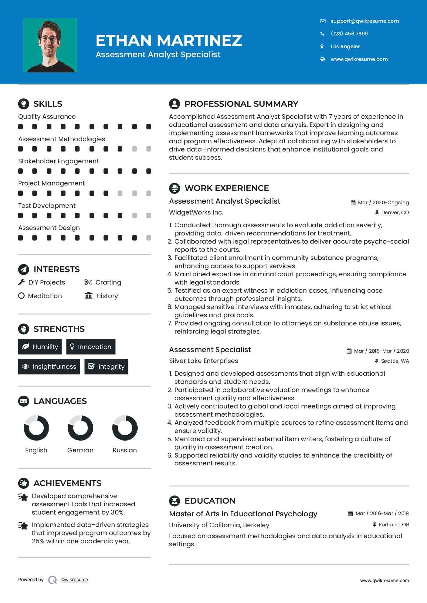 Assessment Analyst Specialist Resume Template