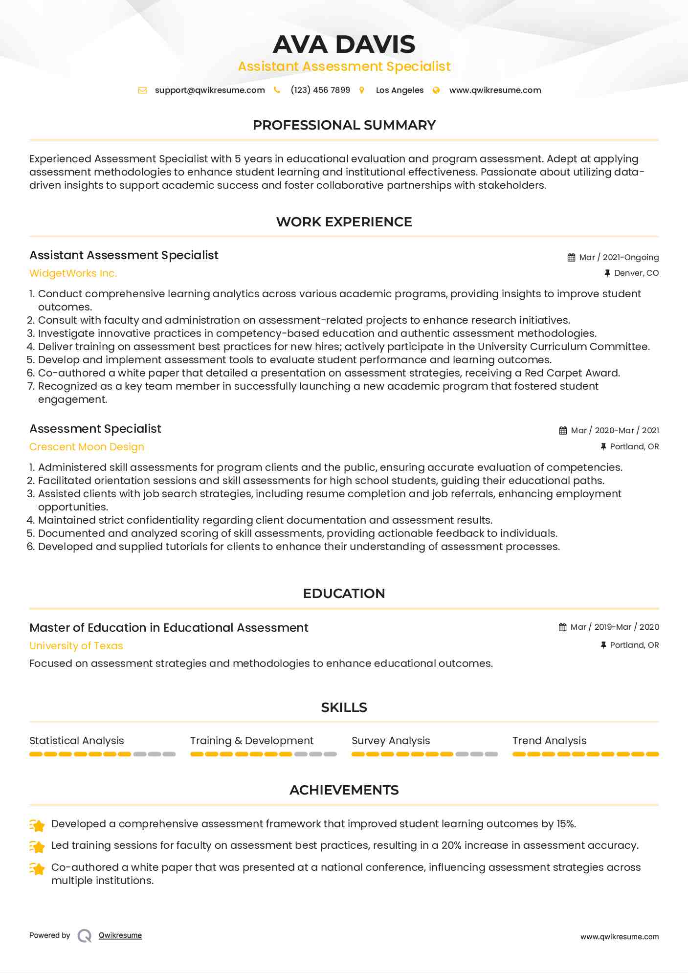 Assistant Assessment Specialist Resume Model