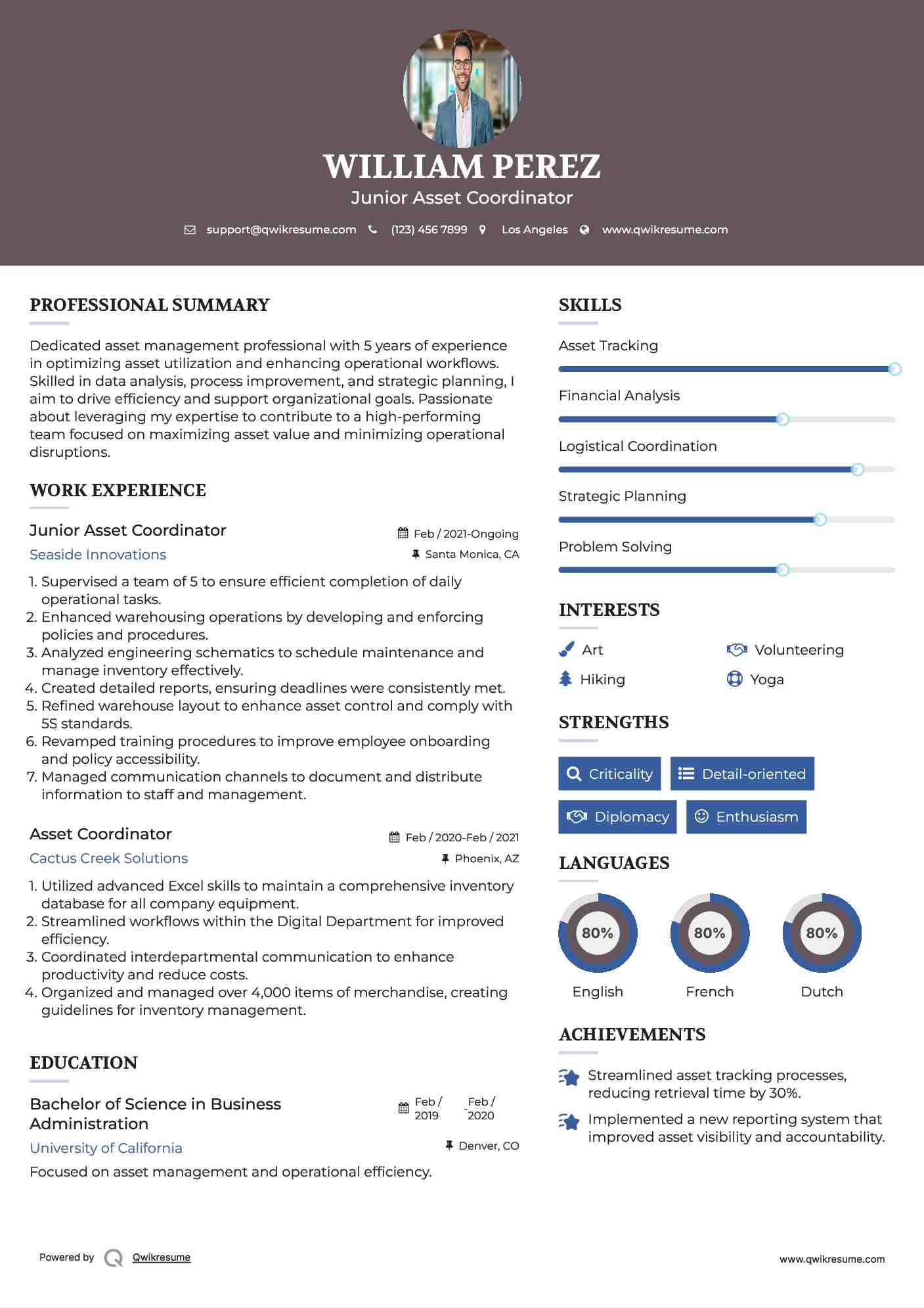 Junior Asset Coordinator Resume Format