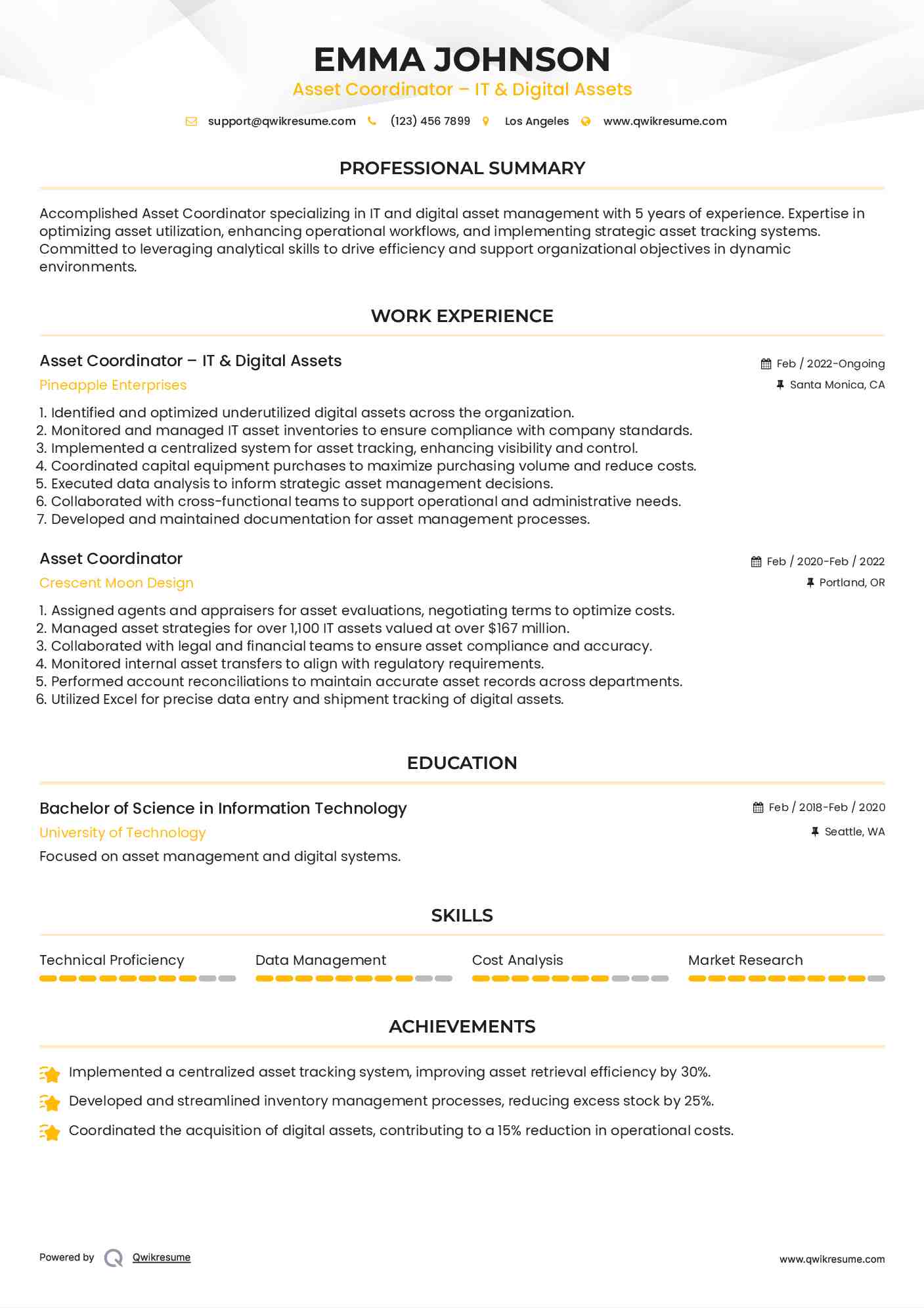Asset Coordinator – IT & Digital Assets Resume Format