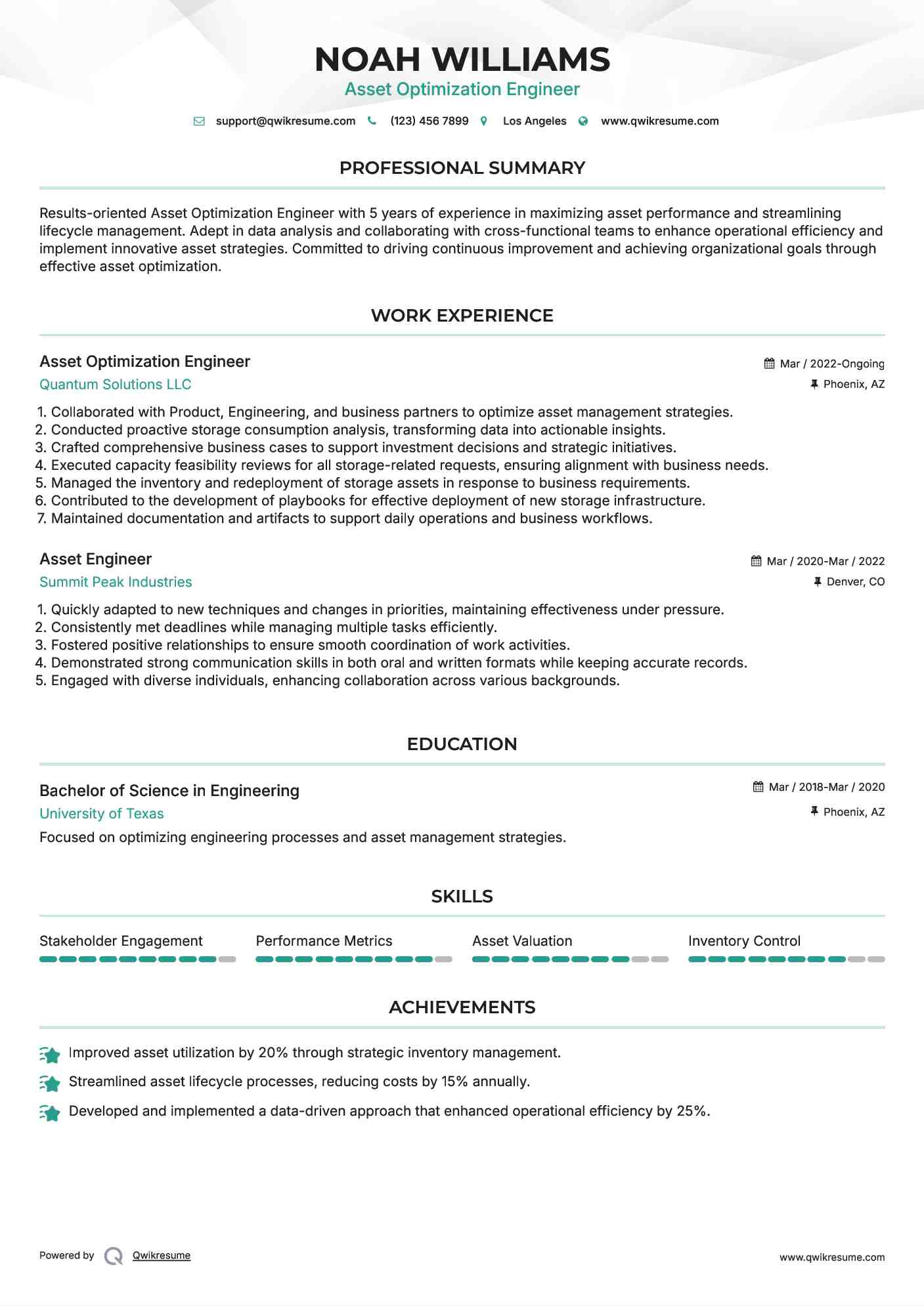 Asset Optimization Engineer Resume Example