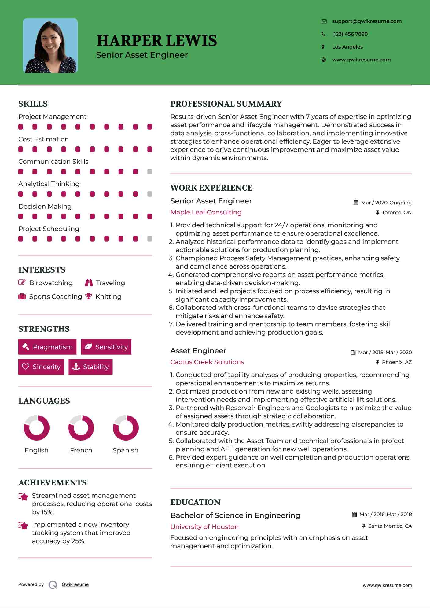 Senior Asset Engineer Resume Example