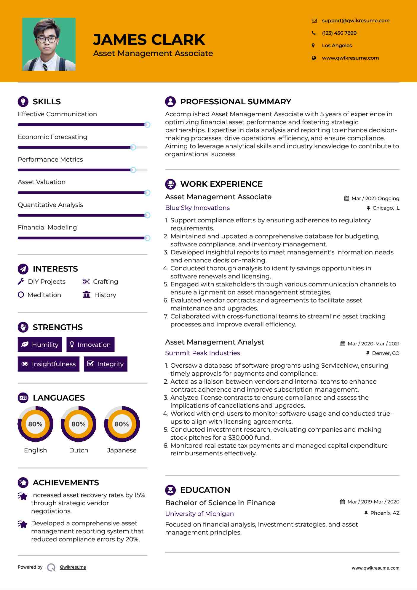 Asset Management Associate Resume Example