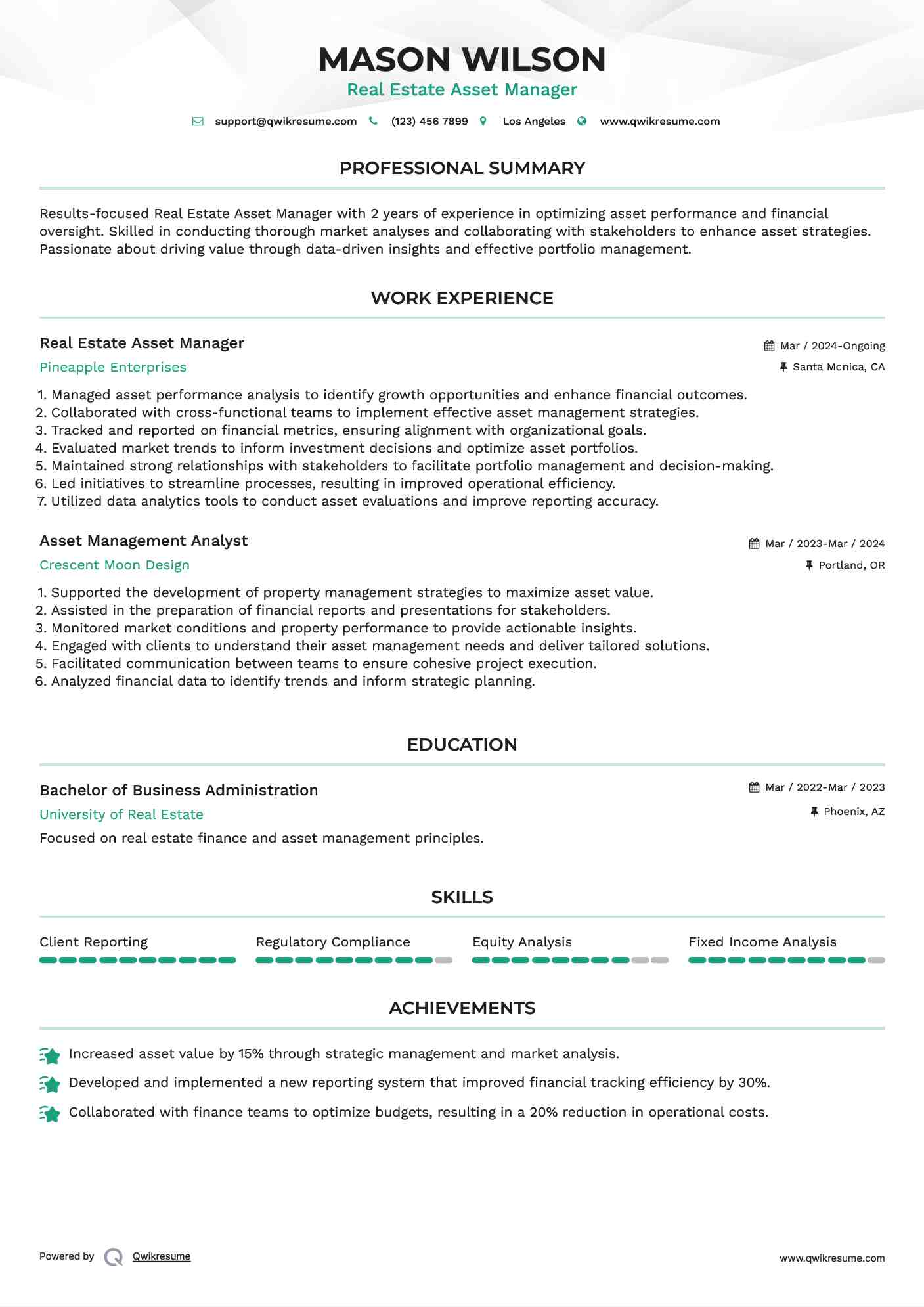 Real Estate Asset Manager Resume Model