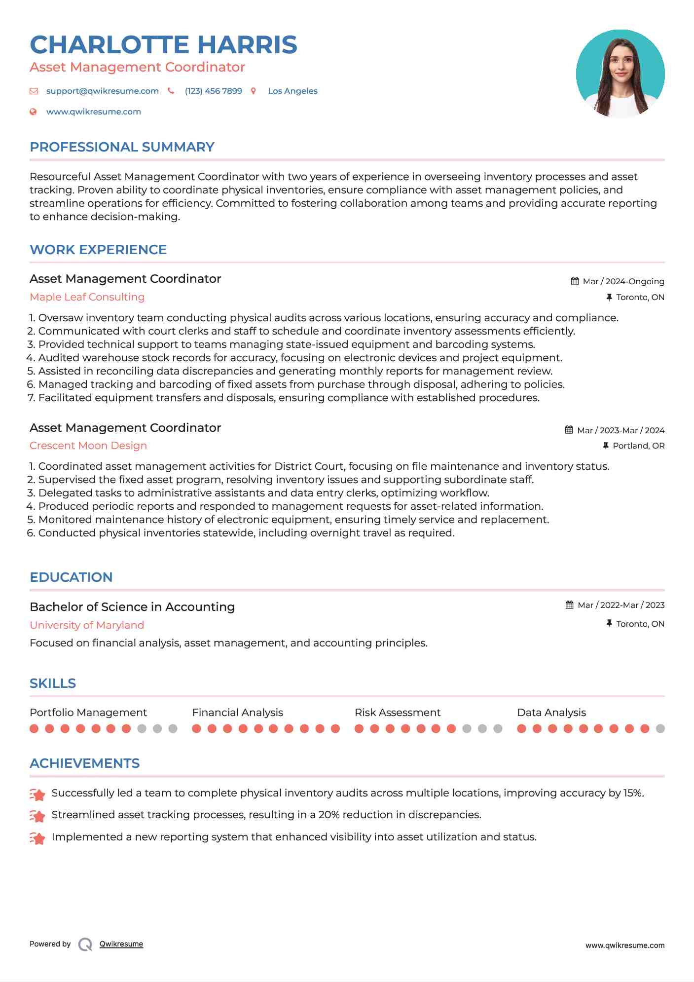 Asset Management Coordinator Resume Example