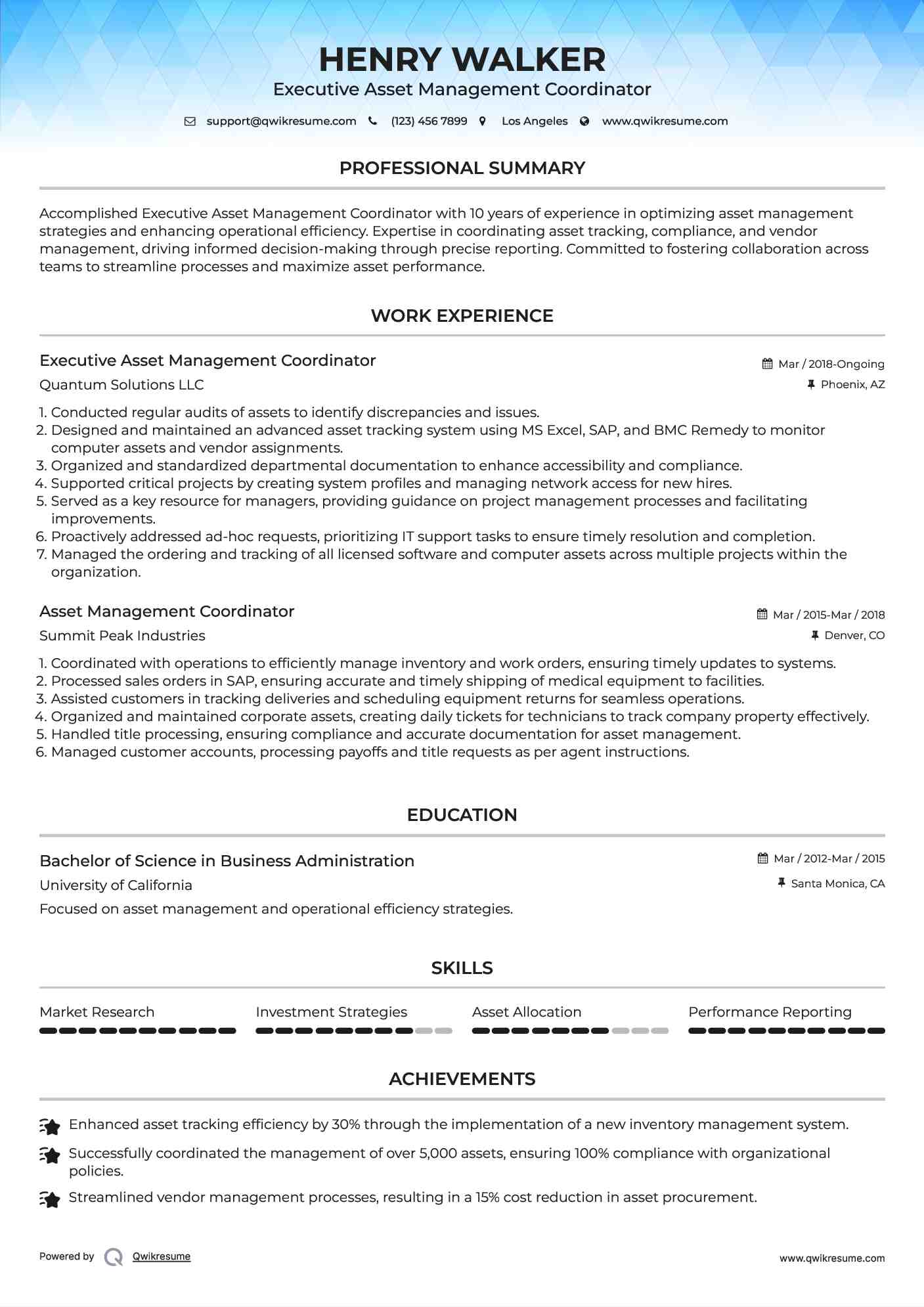 Executive Asset Management Coordinator Resume Model