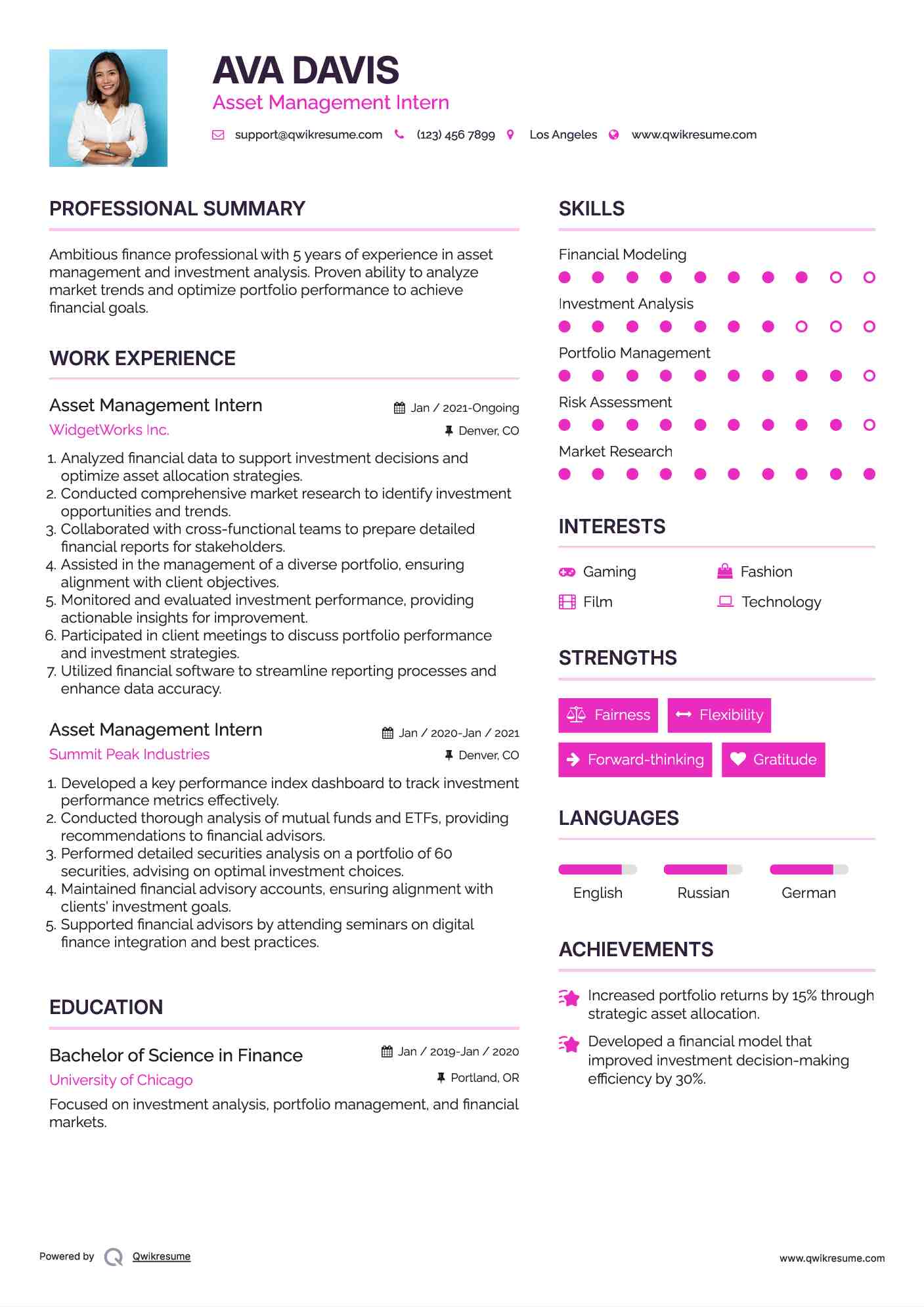 Asset Management Intern Resume Example