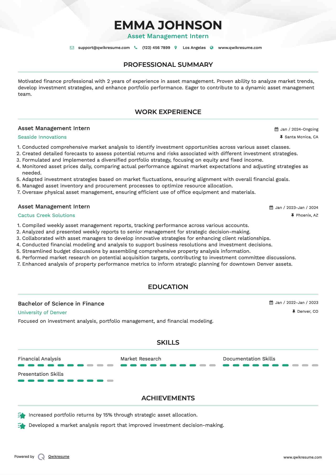 Asset Management Intern Resume Format