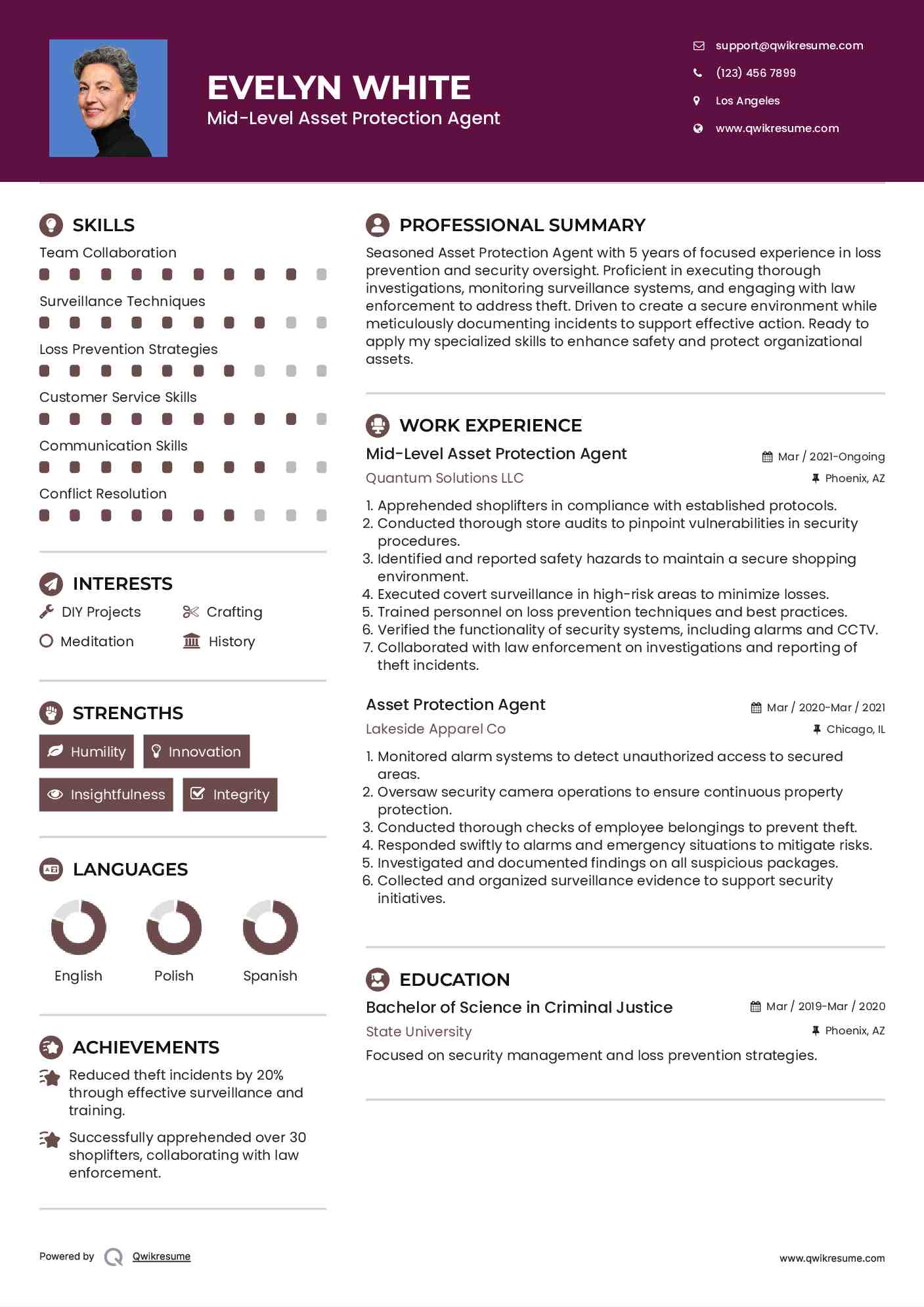 Mid-Level Asset Protection Agent Resume Example