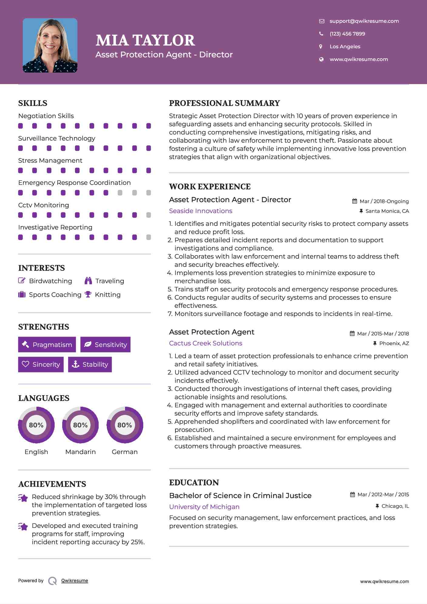 Asset Protection Agent - Director Resume Format