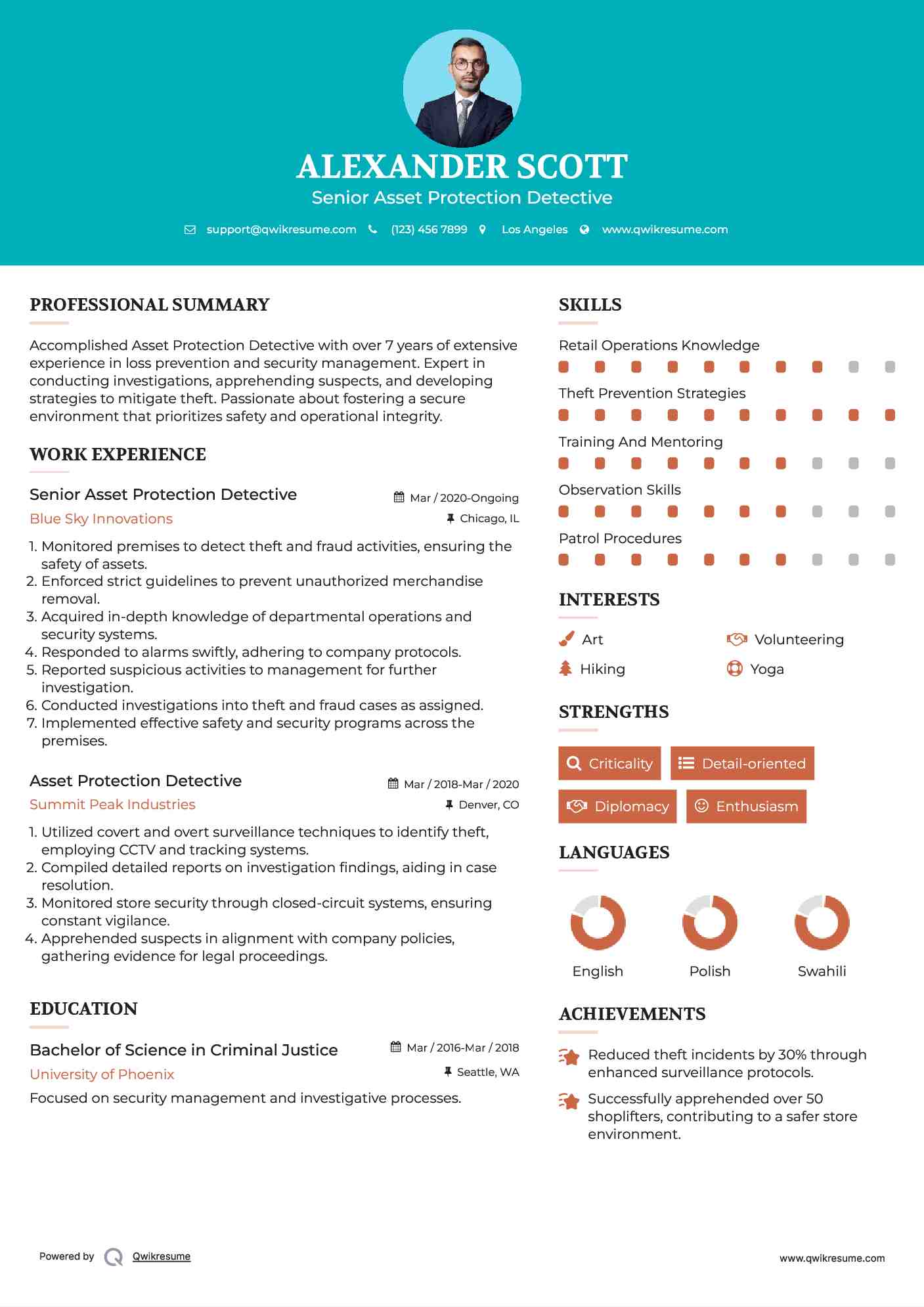 Senior Asset Protection Detective Resume Sample