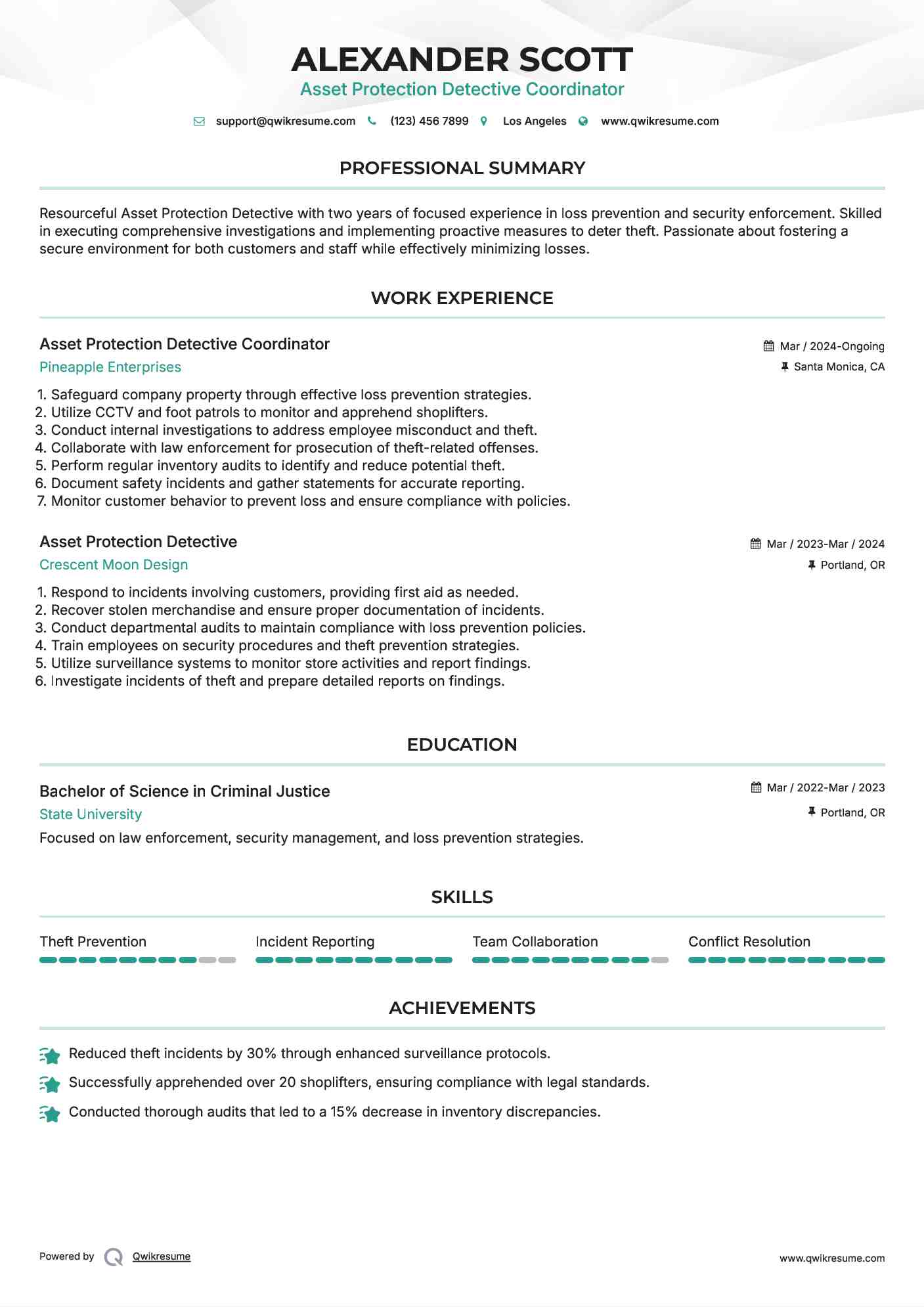 Asset Protection Detective Coordinator Resume Format