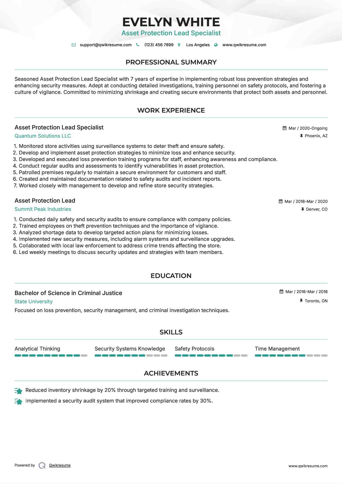 Asset Protection Lead Specialist Resume Template