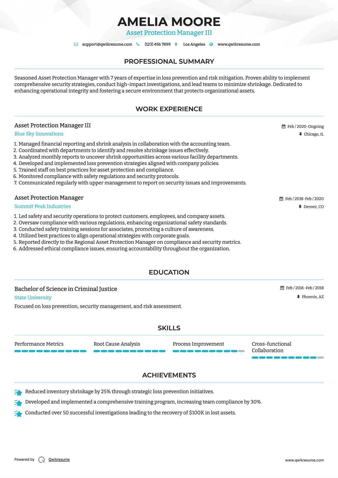 Asset Protection Manager III Resume Model