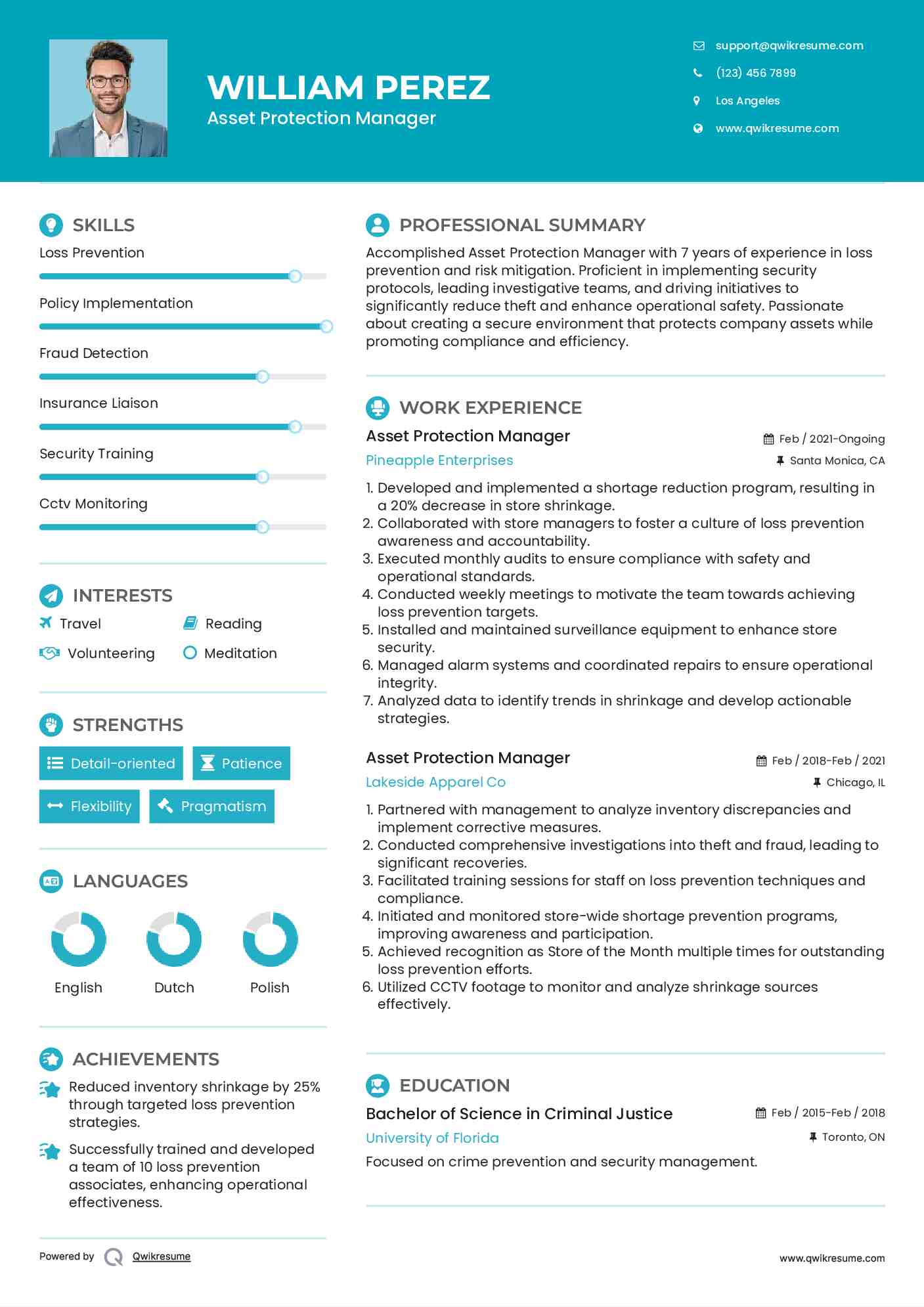 Asset Protection Manager Resume Template