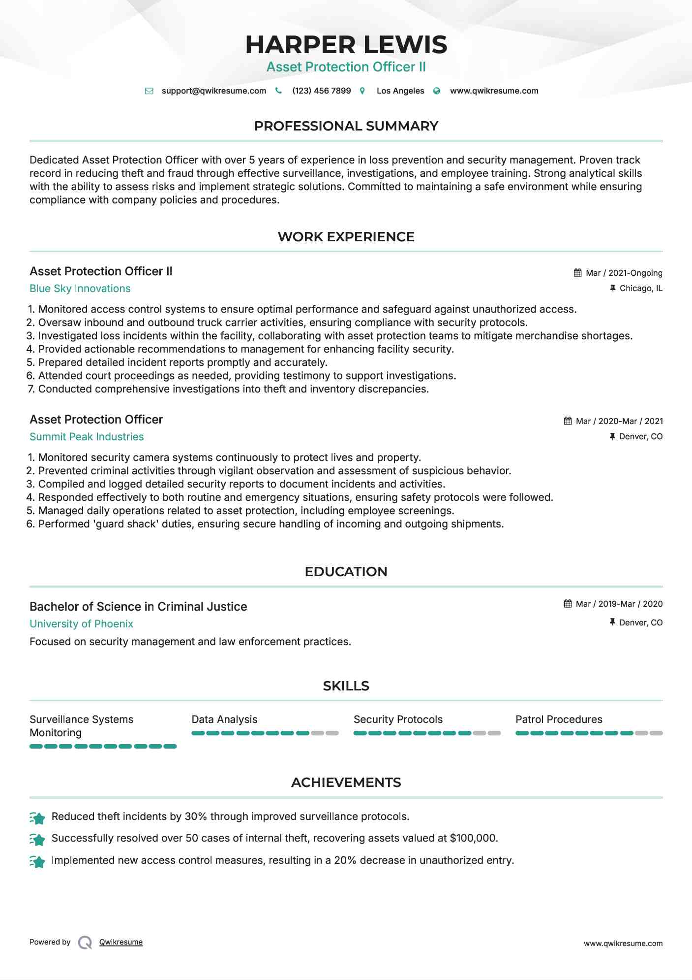 Asset Protection Officer II Resume Example