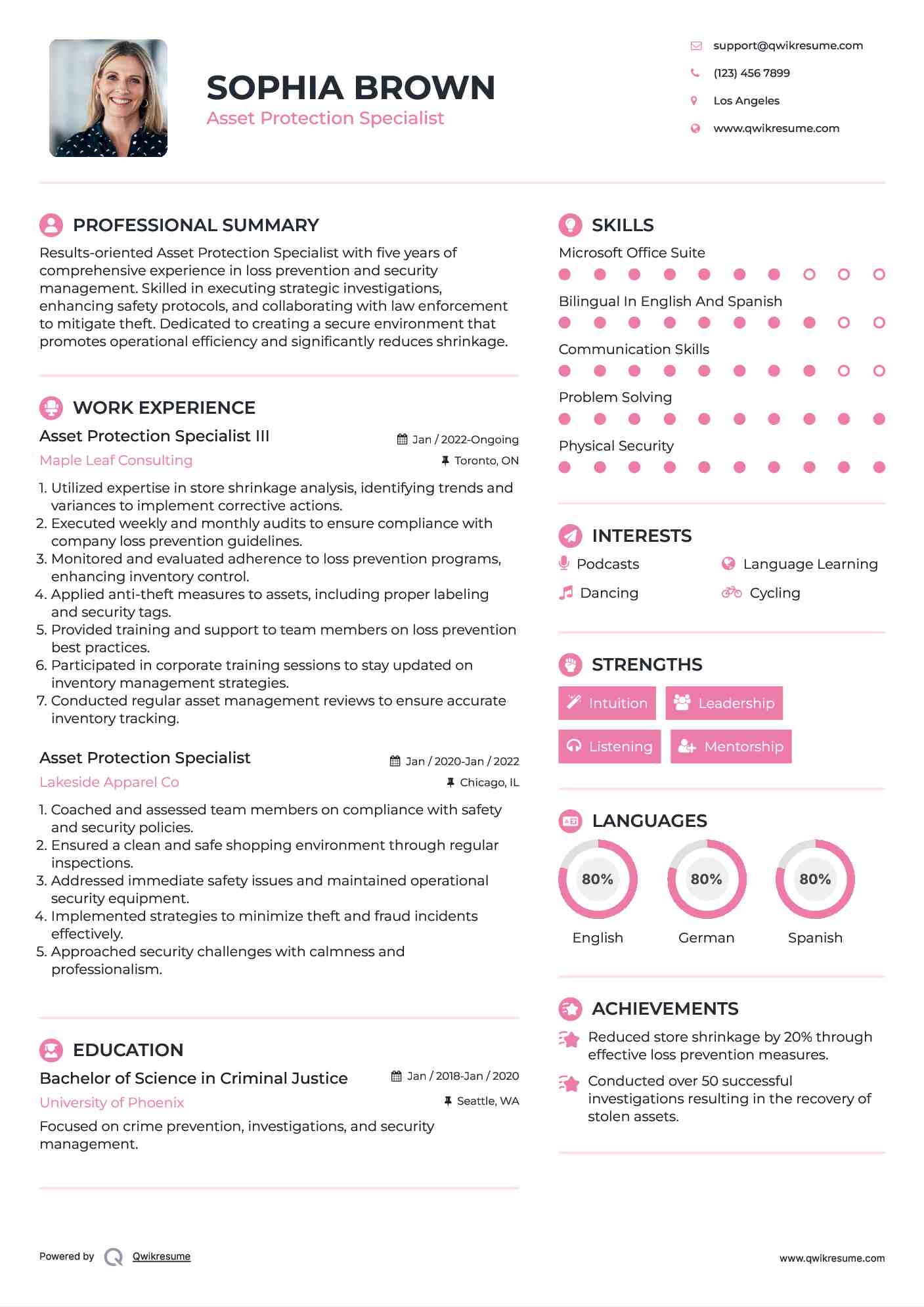 Asset Protection Specialist III Resume Example