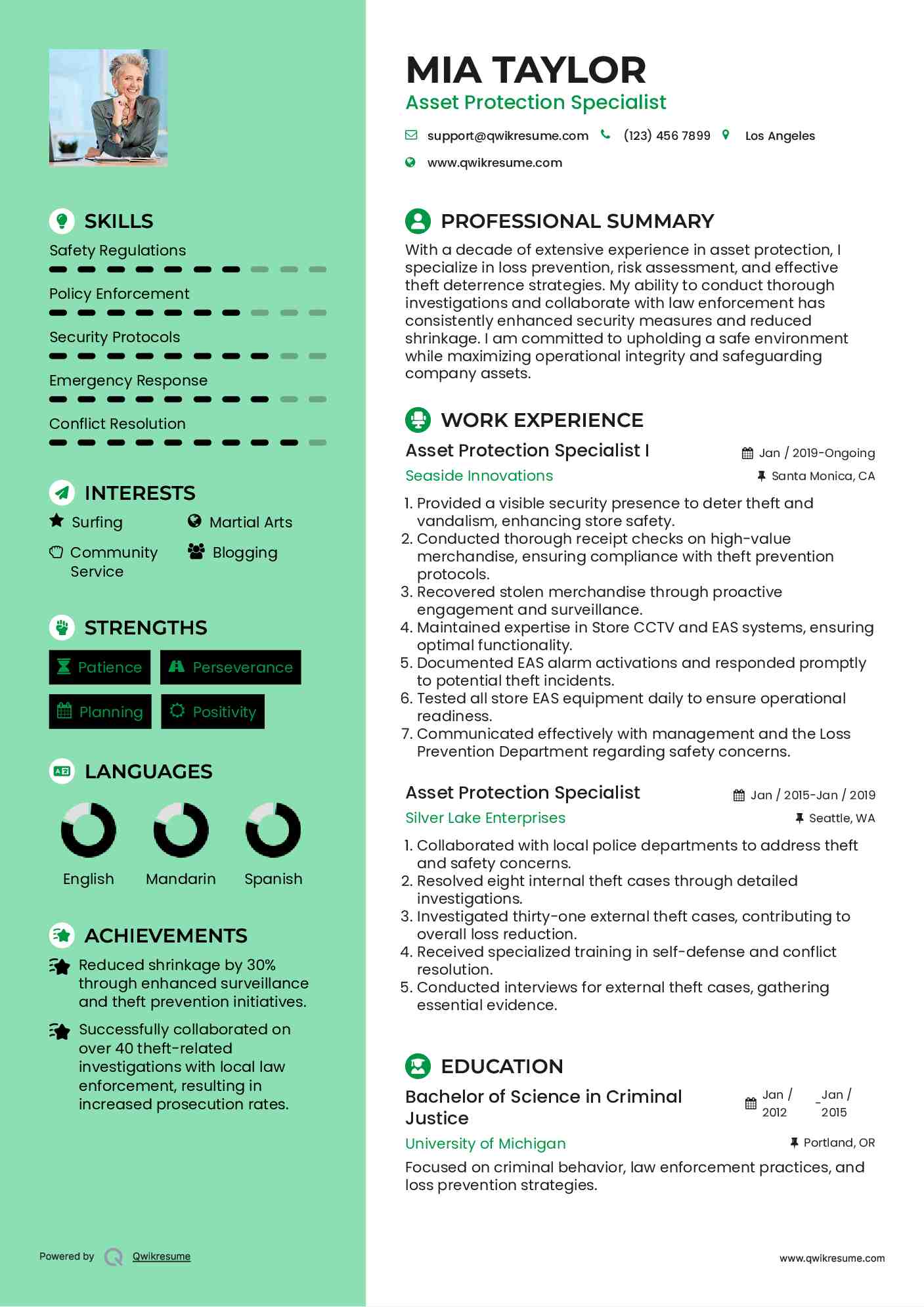 Asset Protection Specialist I Resume Example