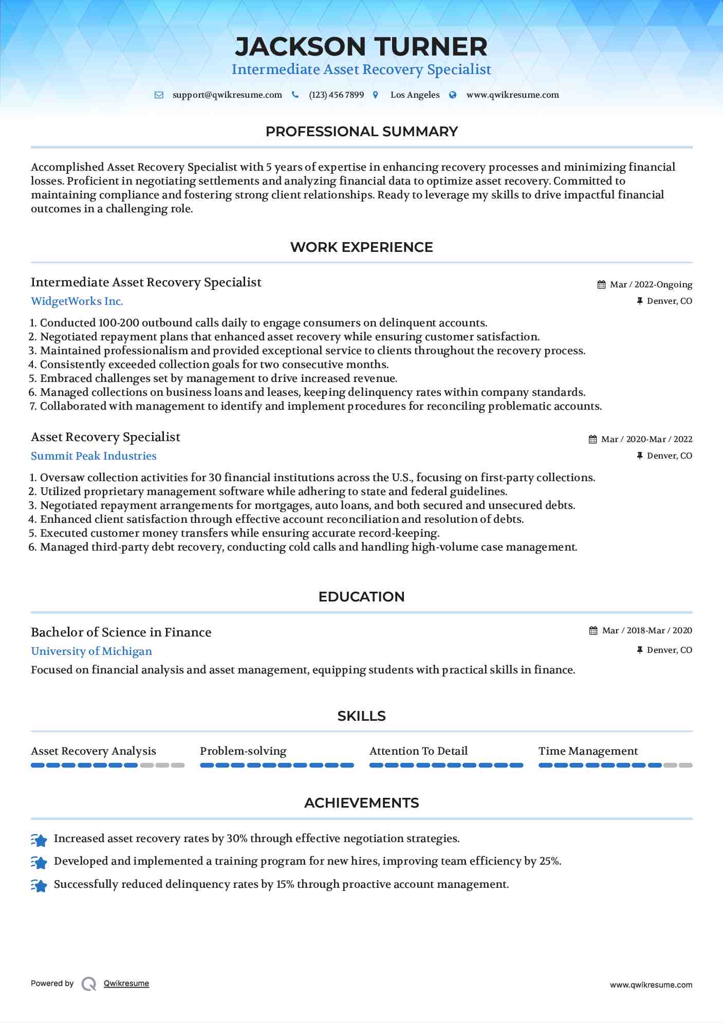 Intermediate Asset Recovery Specialist Resume Template
