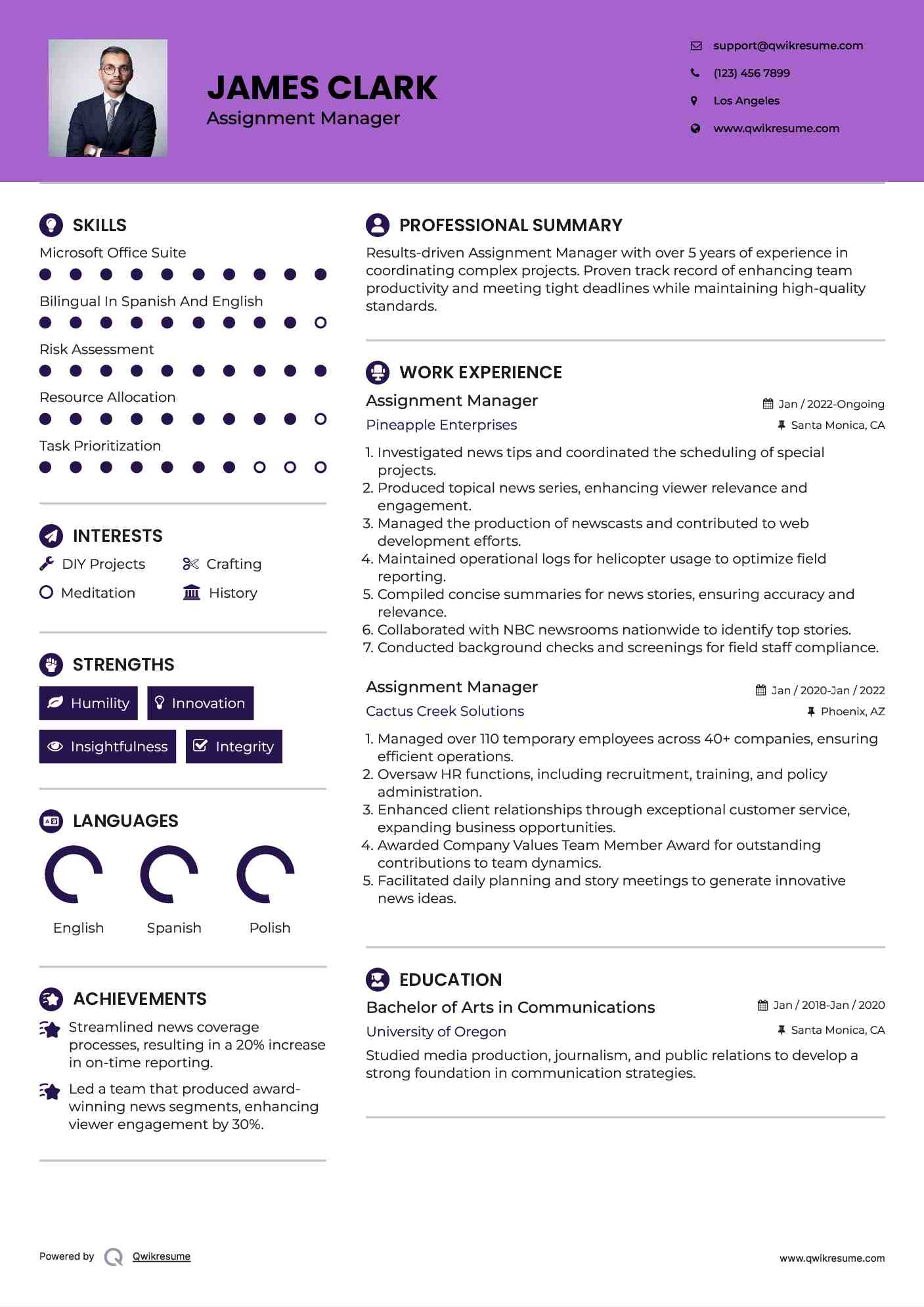 Assignment Manager Resume Model