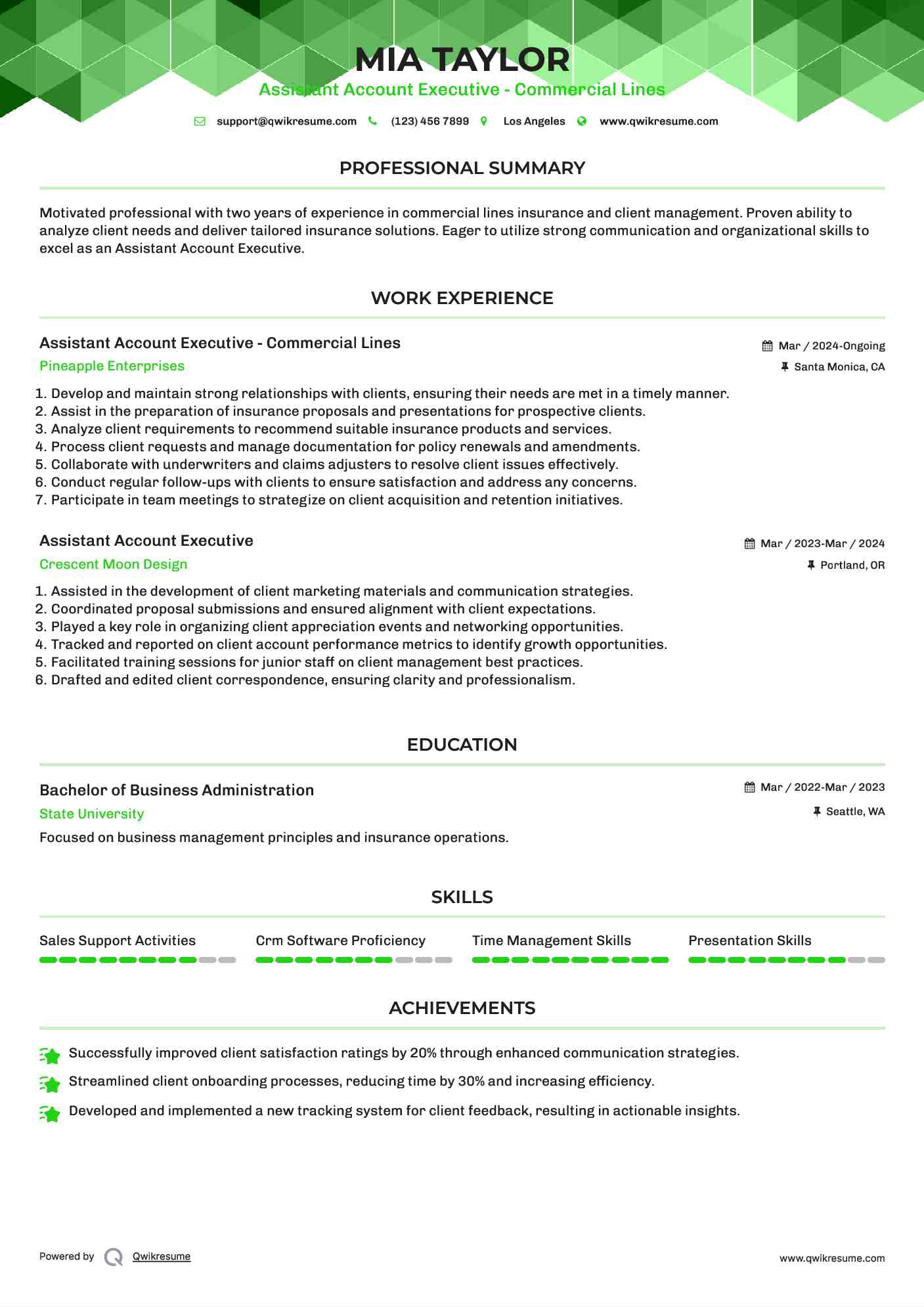 Assistant Account Executive - Commercial Lines
 Resume Model