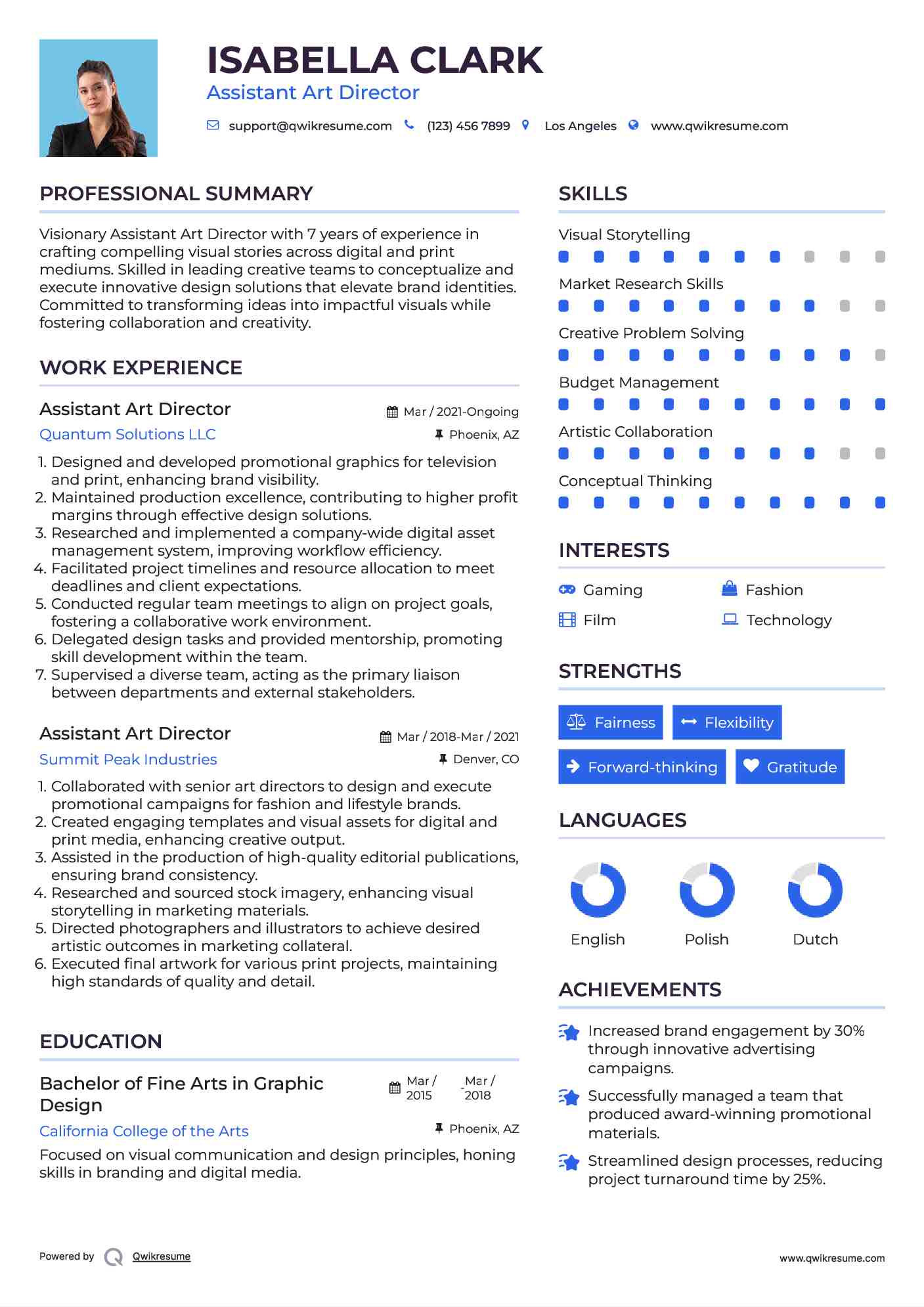 Assistant Art Director Resume Example
