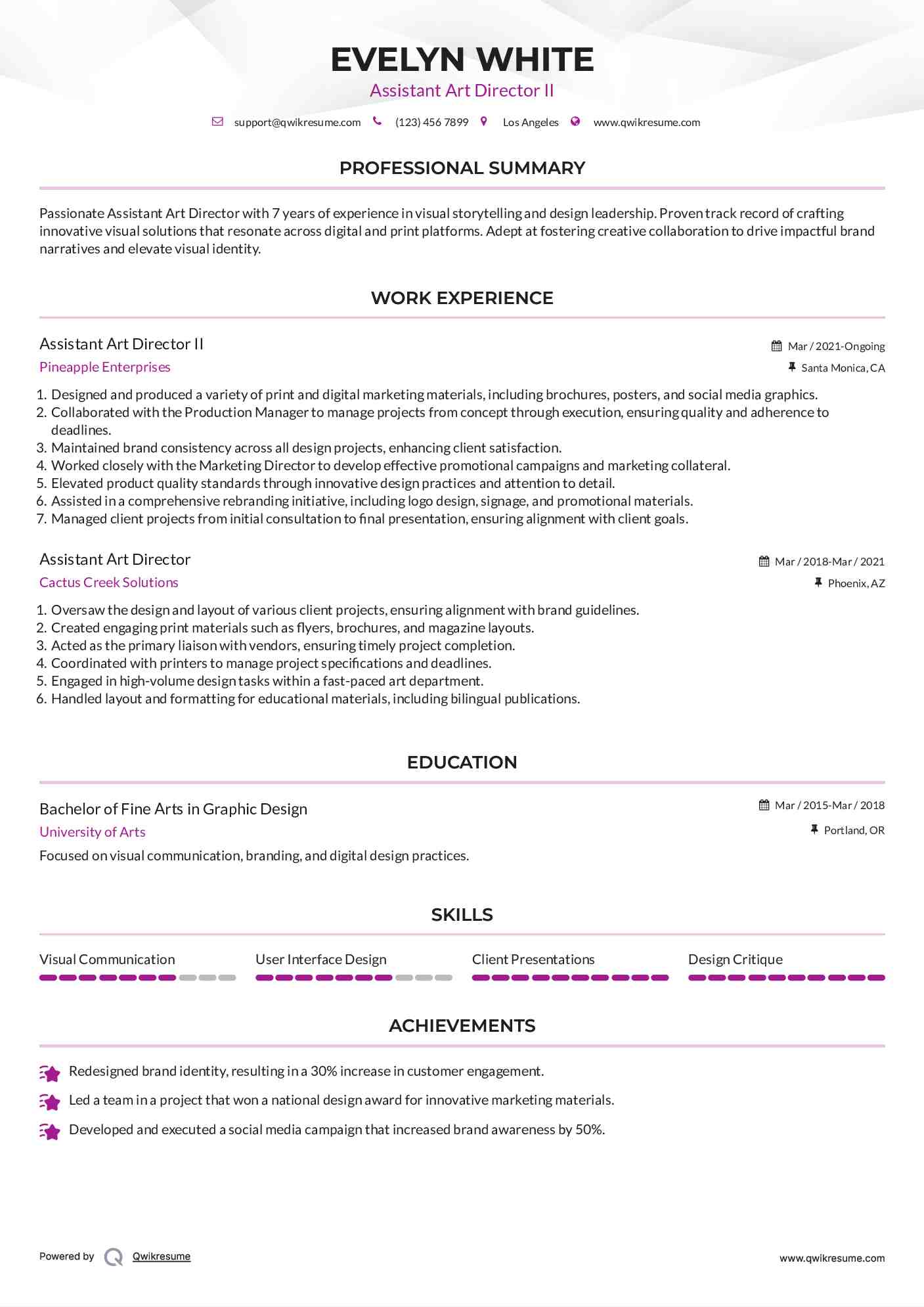 Assistant Art Director II Resume Sample
