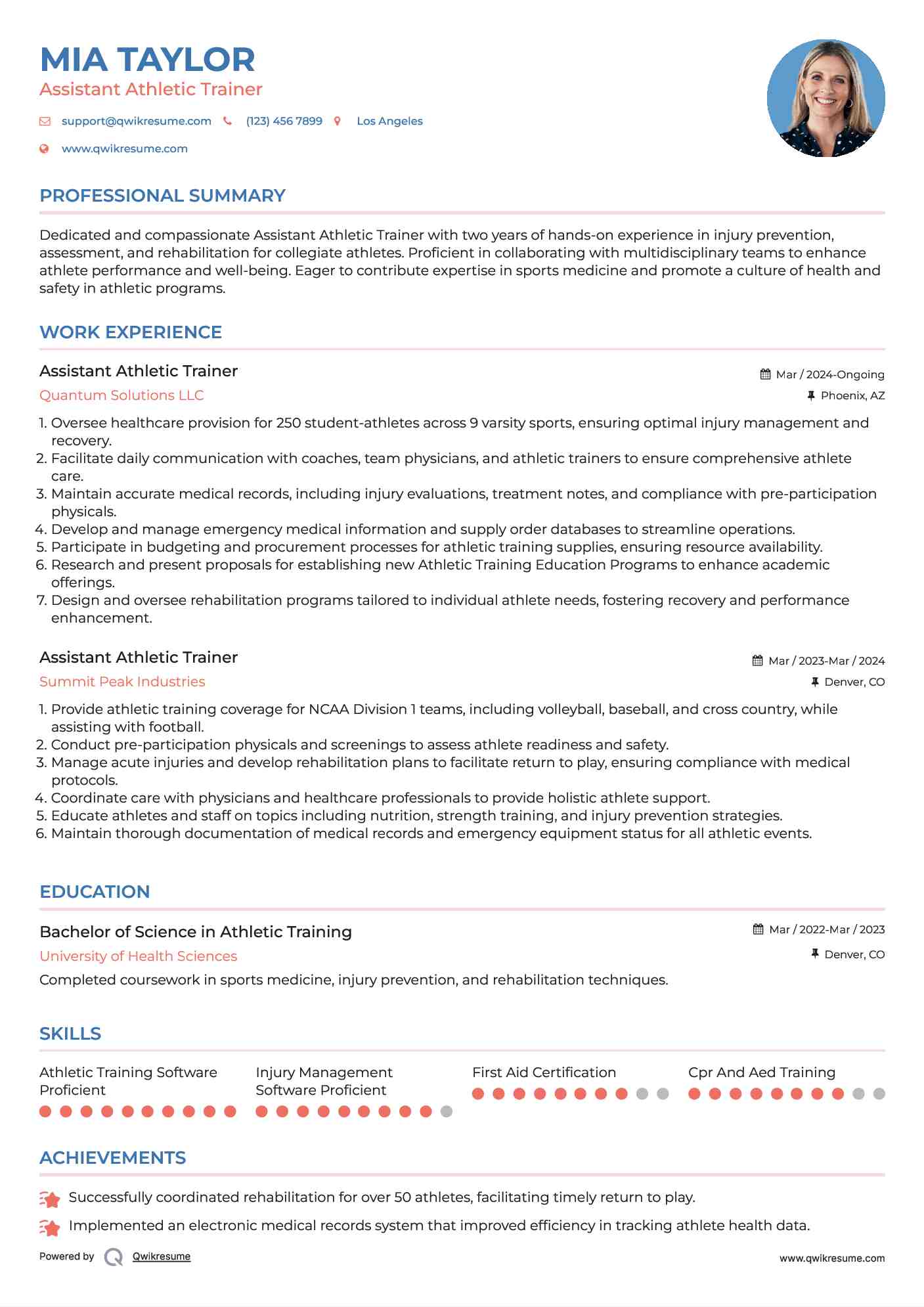 Assistant Athletic Trainer Resume Example