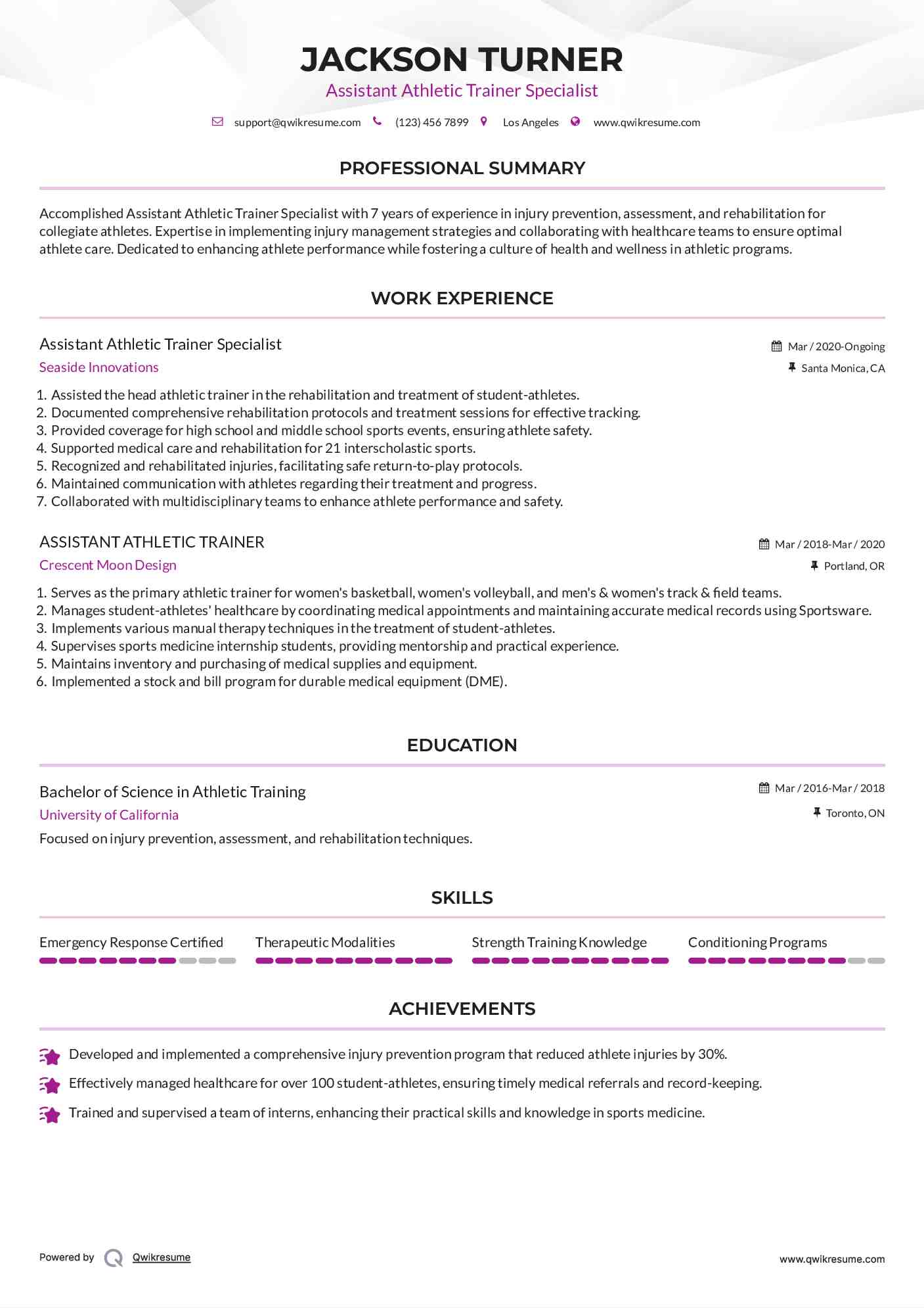 Assistant Athletic Trainer Specialist Resume Sample