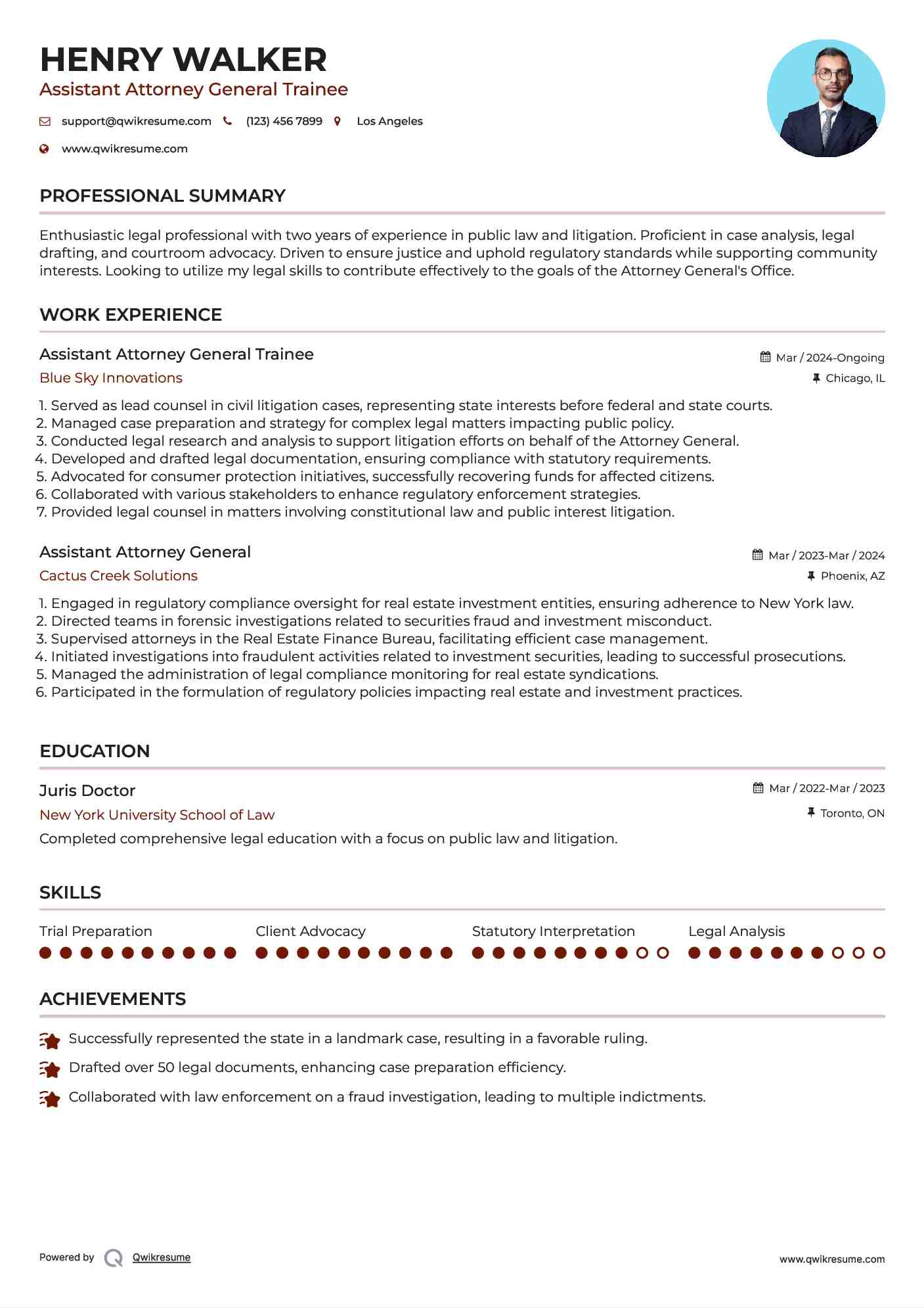 Assistant Attorney General Trainee Resume Model