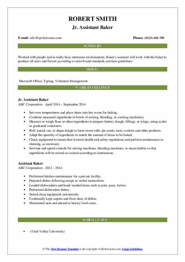 Assistant Baker Resume Samples QwikResume
